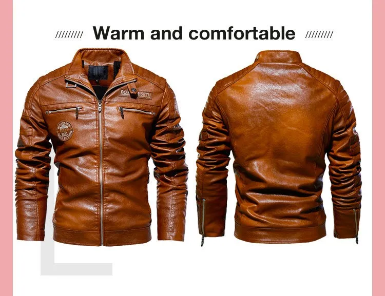 Men Leather Jacket Fleece Lining PU Leather Coat Plus Size Gents Lapel Embroidery Blazer Jacket | 6693