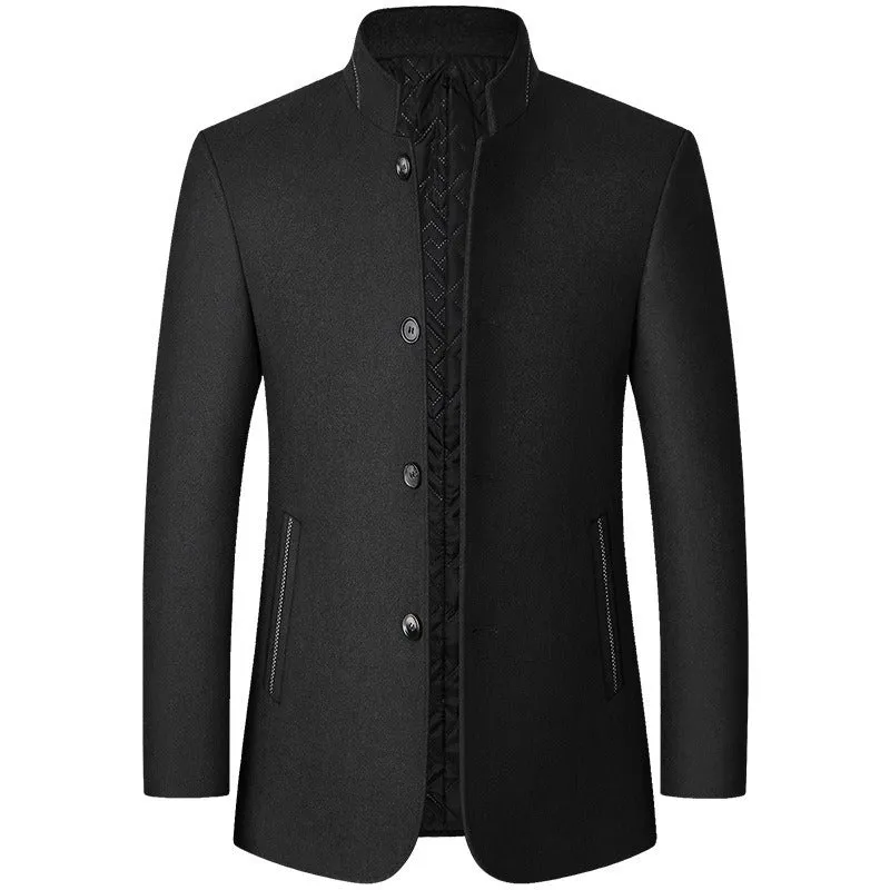 Men Stand Collar Long Sleeves Solid Color Daily Casual Woolen Jacket | J2105