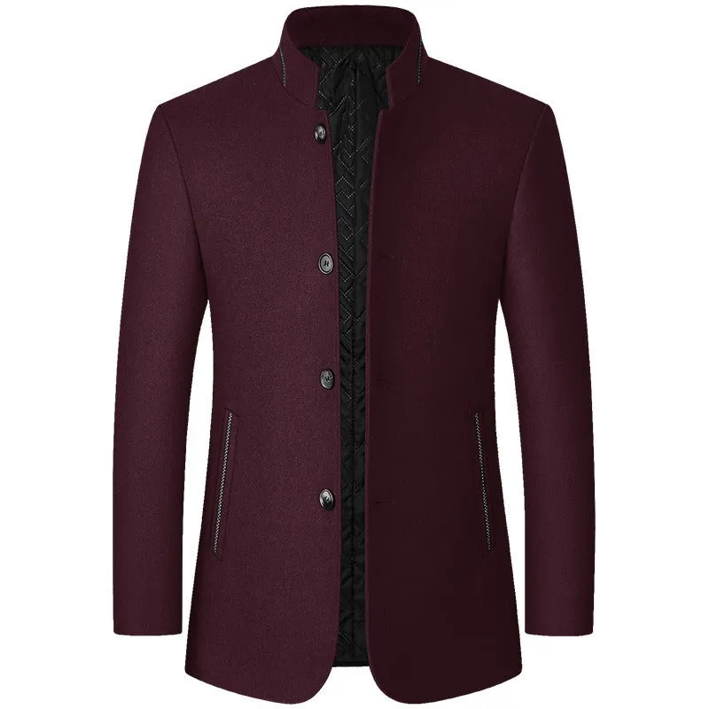 Men Stand Collar Long Sleeves Solid Color Daily Casual Woolen Jacket | J2105