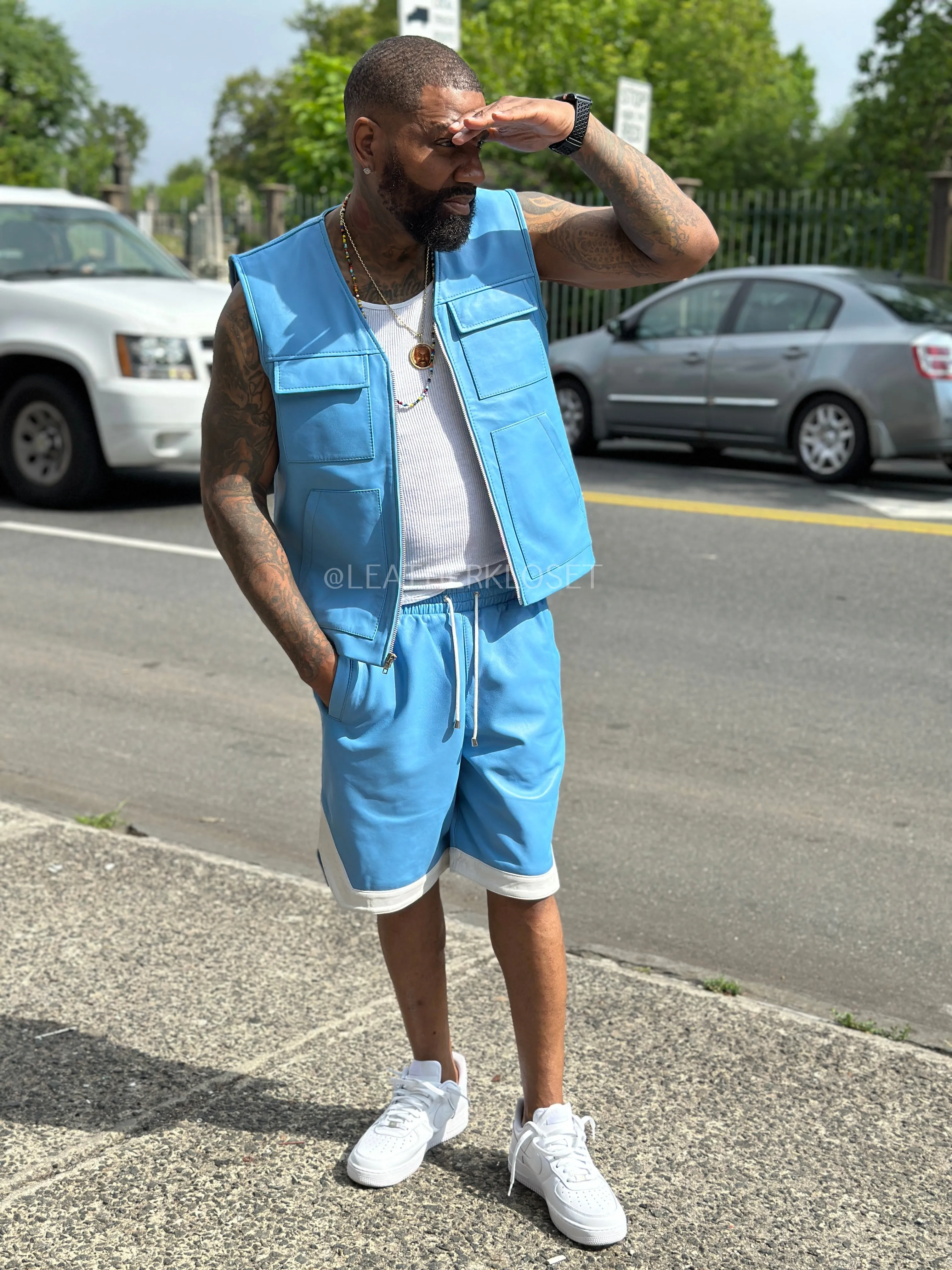 Men's 2 Live and Die Vest With Leather Shorts [Baby Blue]