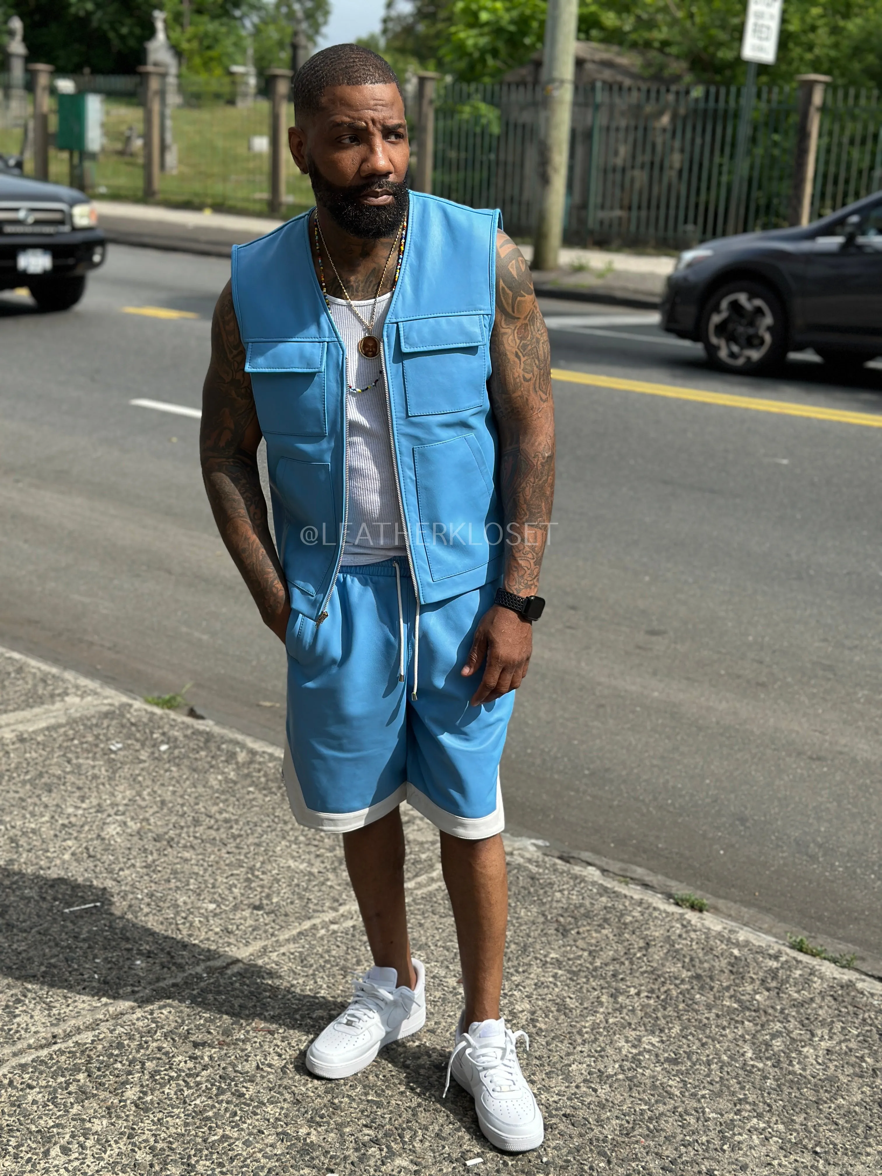 Men's 2 Live and Die Vest With Leather Shorts [Baby Blue]