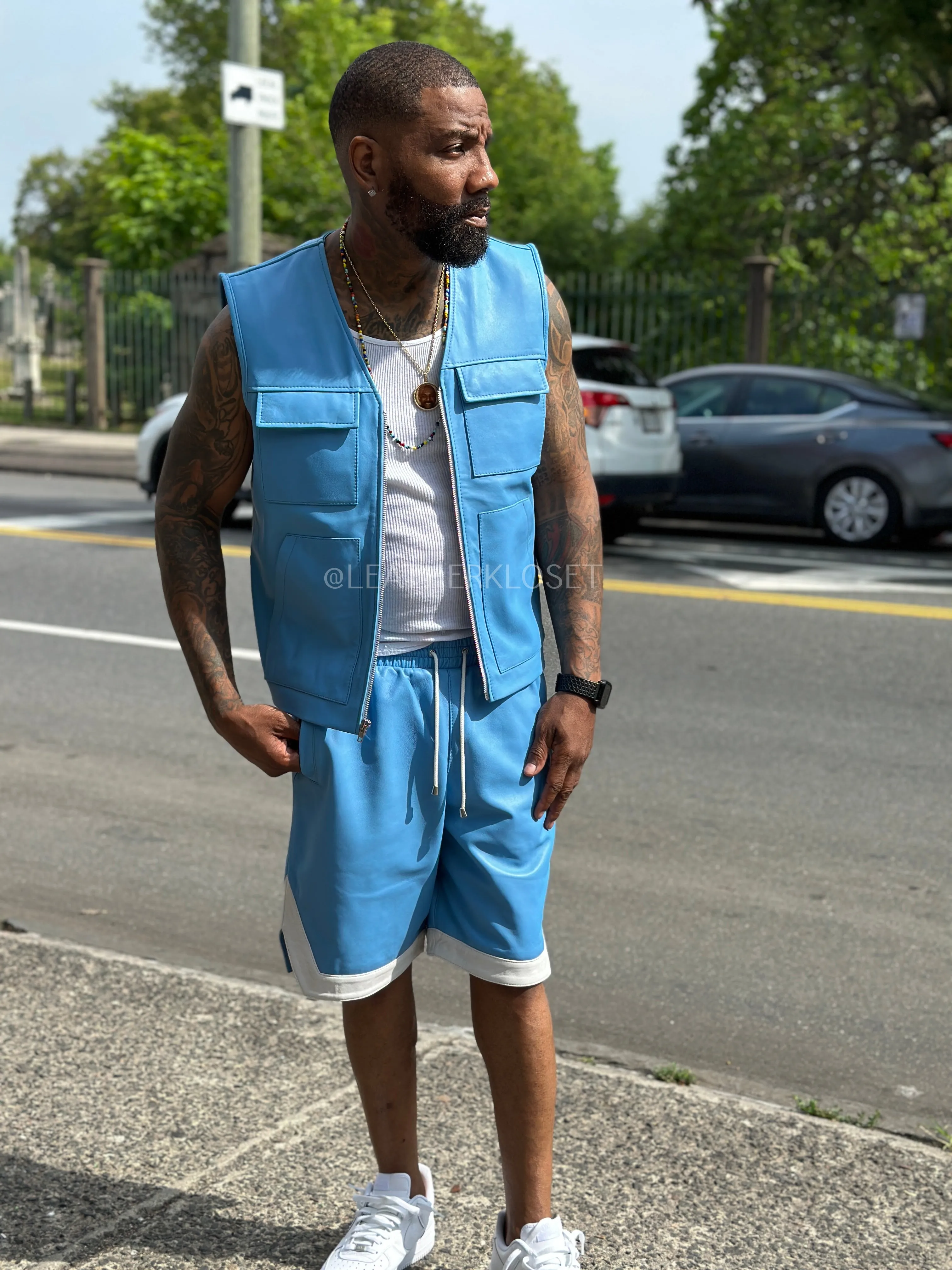 Men's 2 Live and Die Vest With Leather Shorts [Baby Blue]