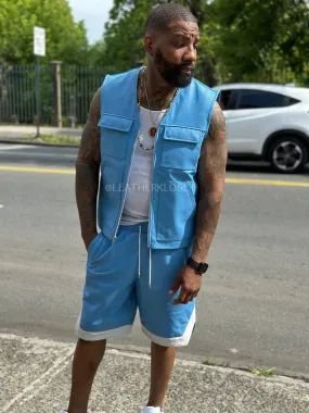 Men's 2 Live and Die Vest With Leather Shorts [Baby Blue]