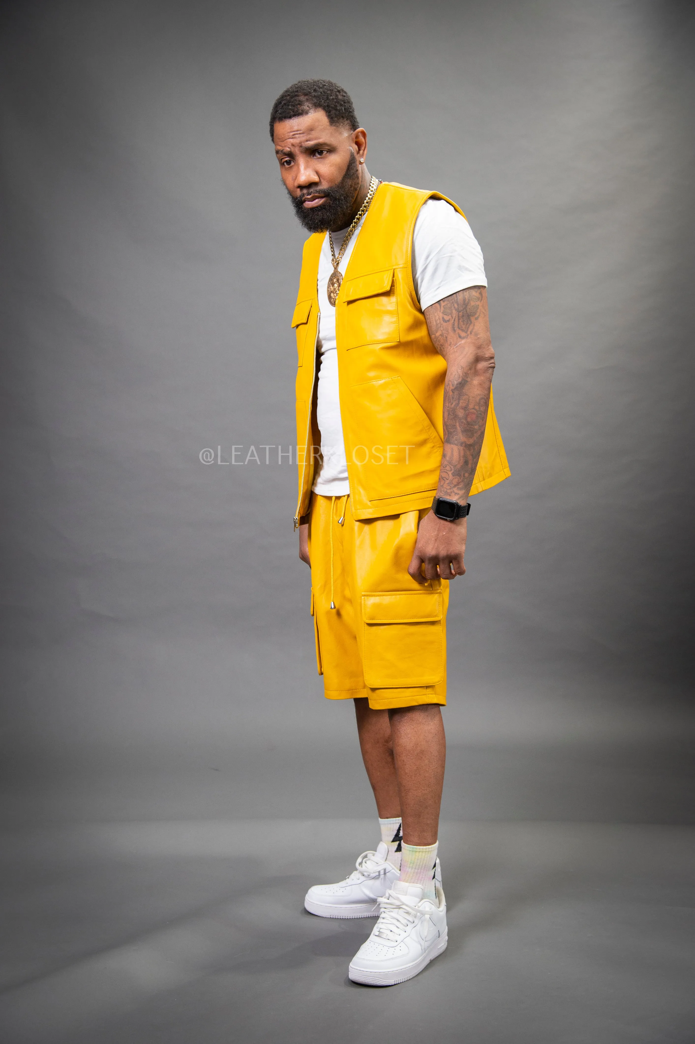 Men's Bless Set Leather Vest & Leather Cargo Shorts [Yellow]