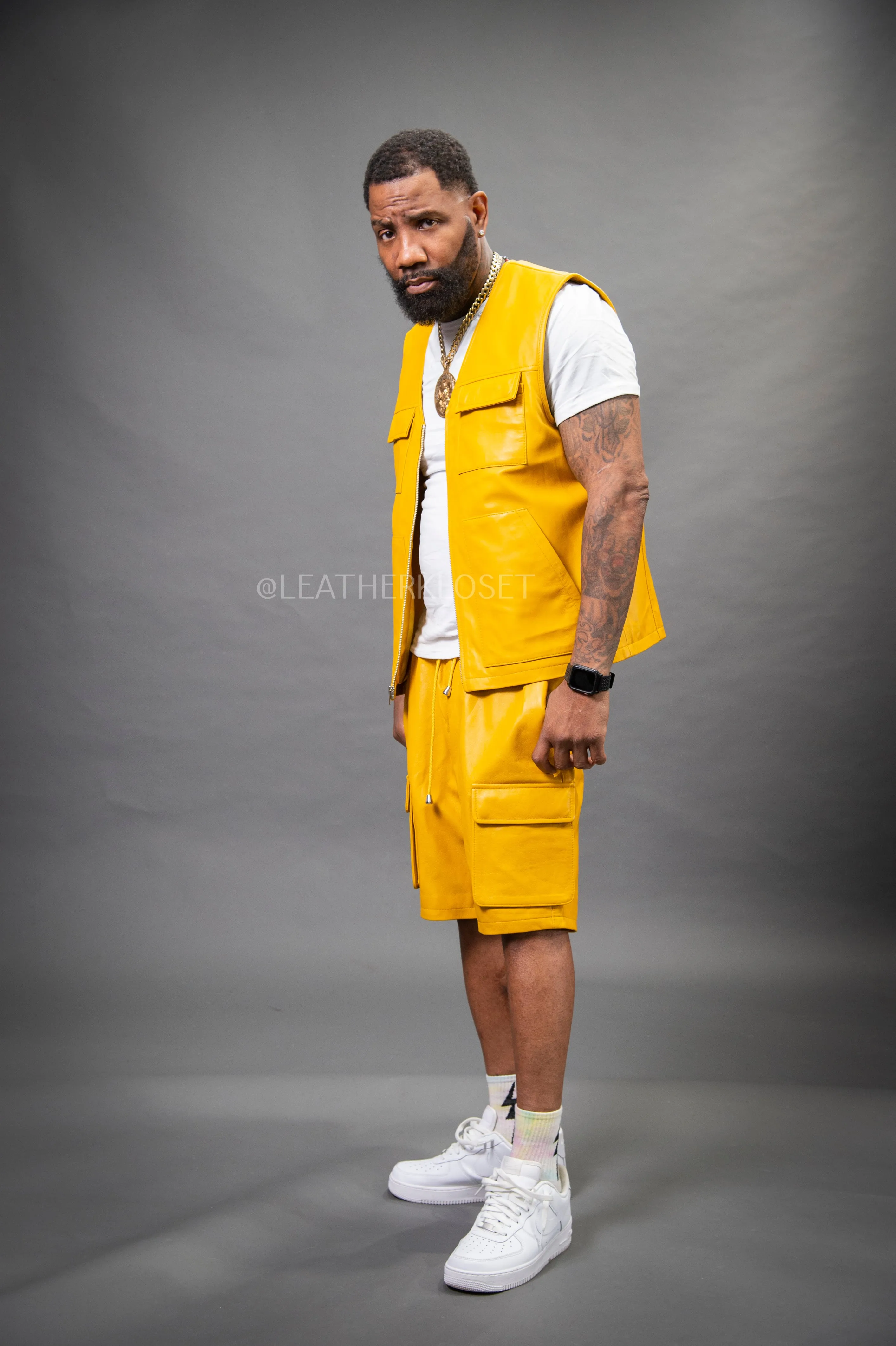 Men's Bless Set Leather Vest & Leather Cargo Shorts [Yellow]