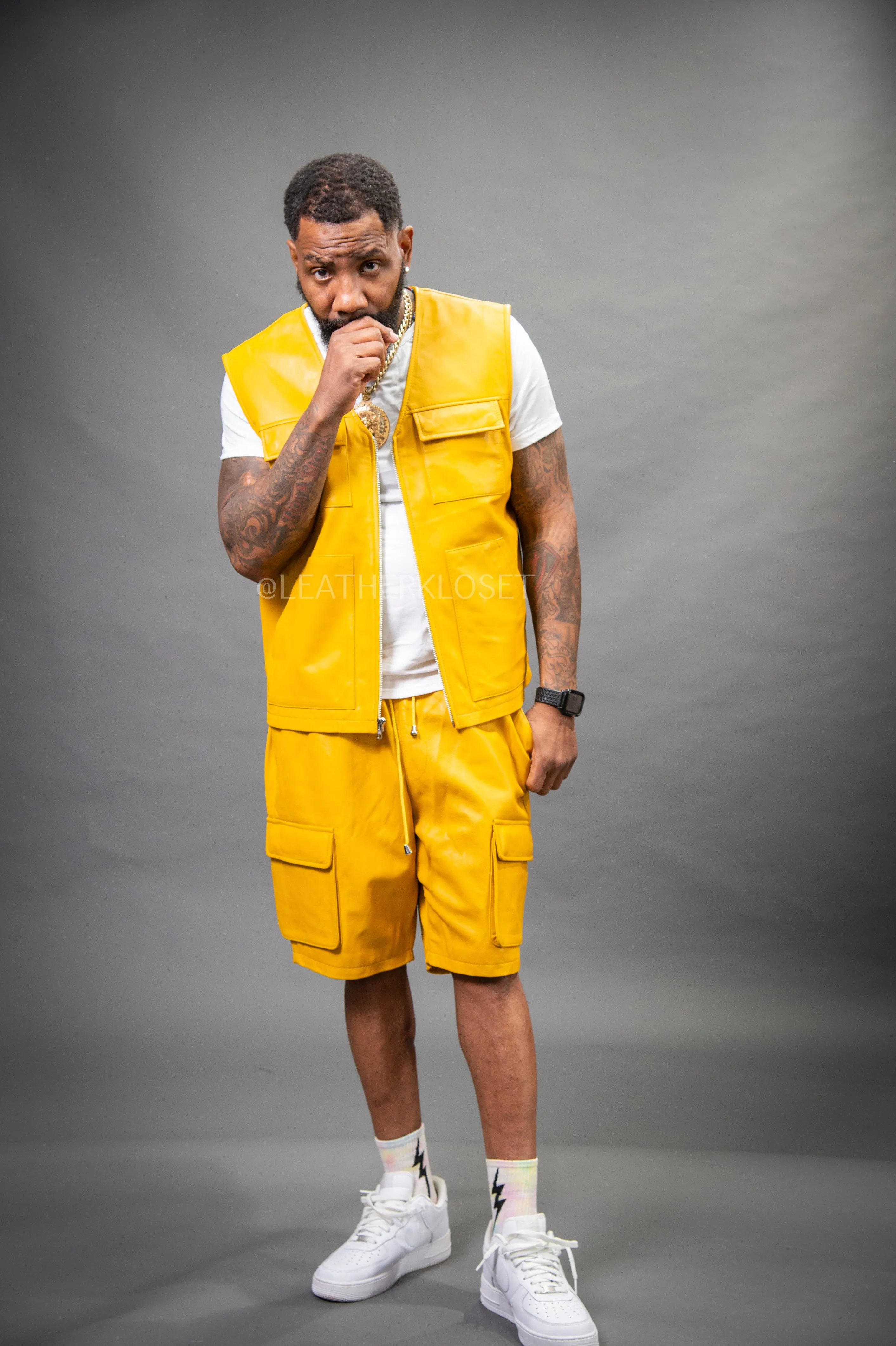 Men's Bless Set Leather Vest & Leather Cargo Shorts [Yellow]