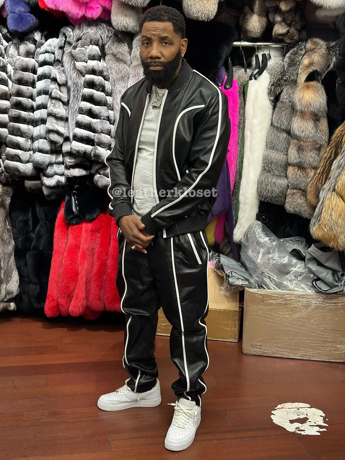 Men's Brayden Leather Track Suit Sweatsuit [Black/White]