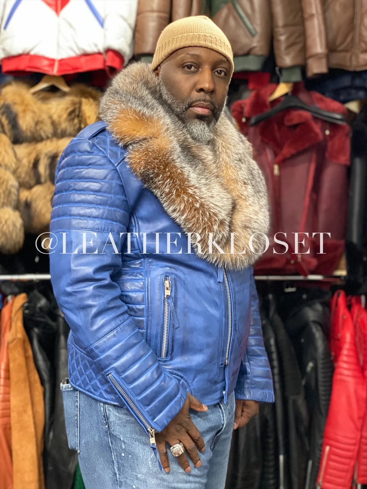 Men's Jay Biker Distressed Blue With Full Fox Fur Collar