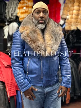 Men's Jay Biker Distressed Blue With Full Fox Fur Collar