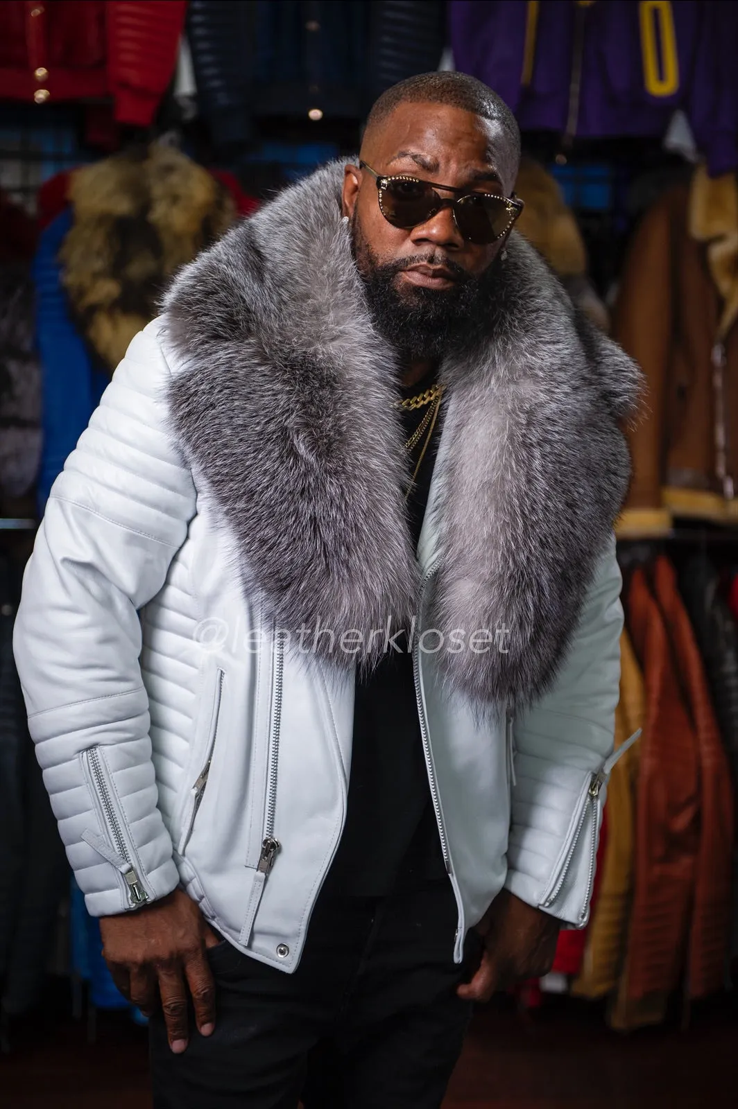 Men's Jay Biker White With Full Silver Fox Fur Collar