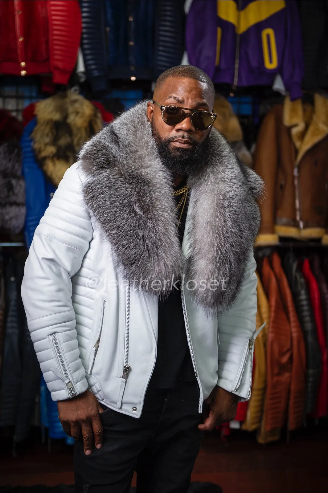 Men's Jay Biker White With Full Silver Fox Fur Collar