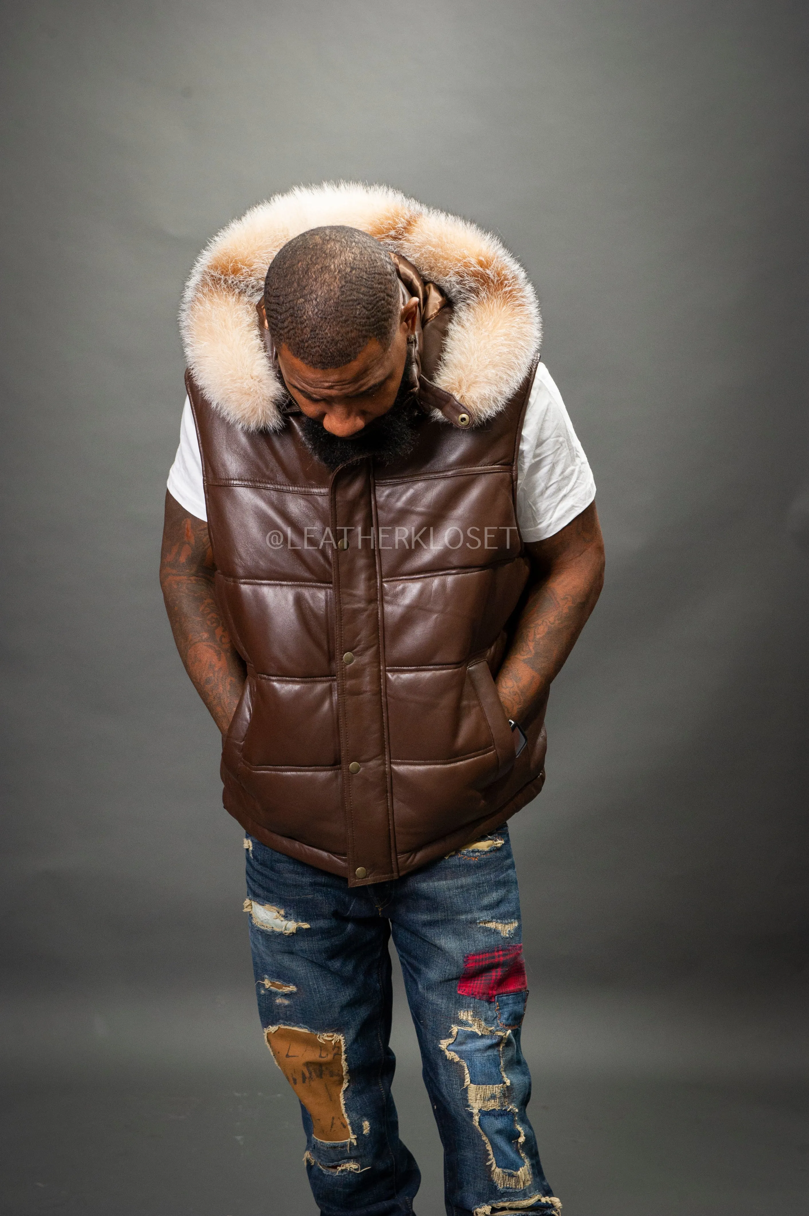 Men's Leather Bubble Vest With Fox Fur Hood [Chocolate]