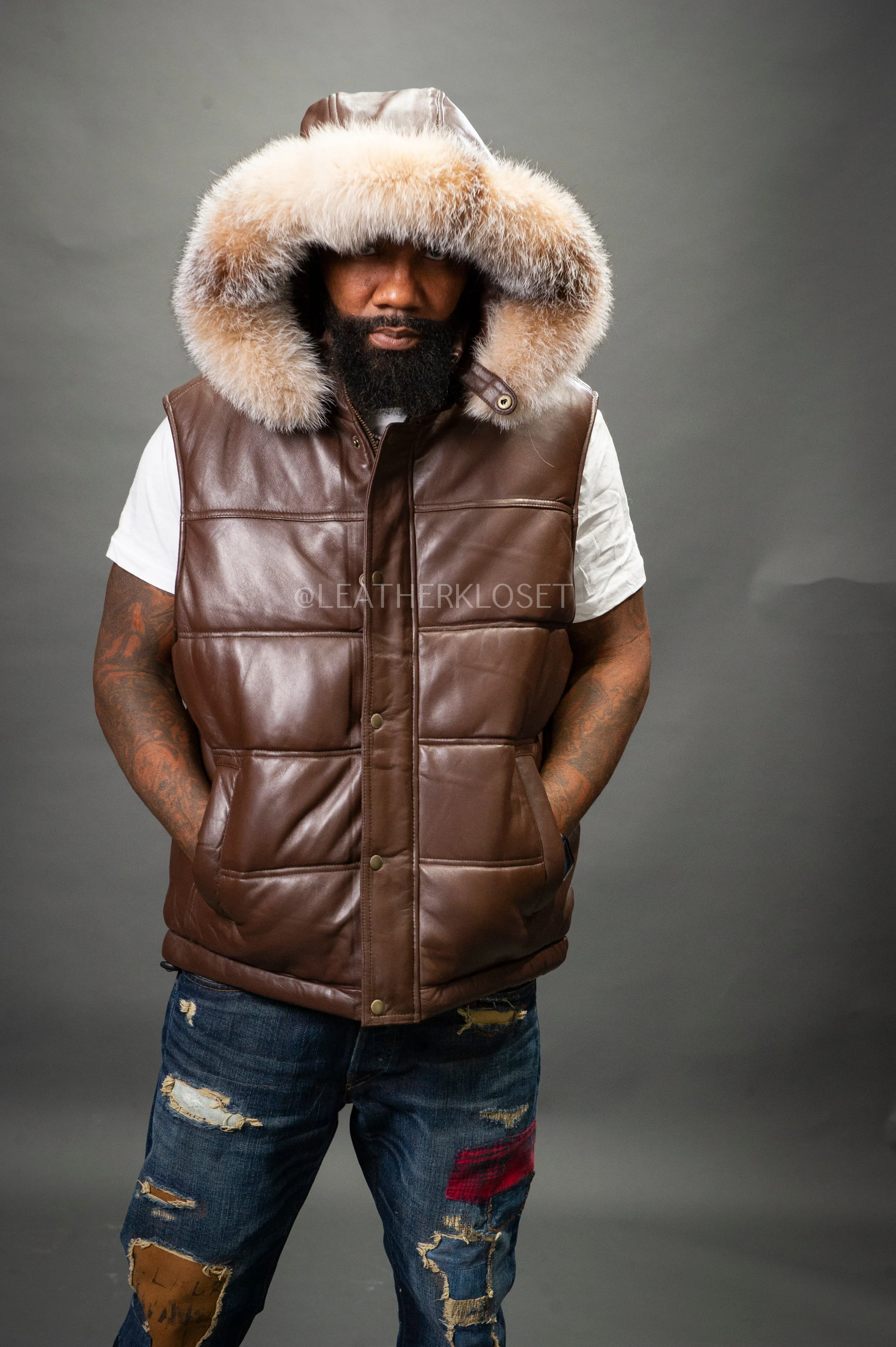 Men's Leather Bubble Vest With Fox Fur Hood [Chocolate]