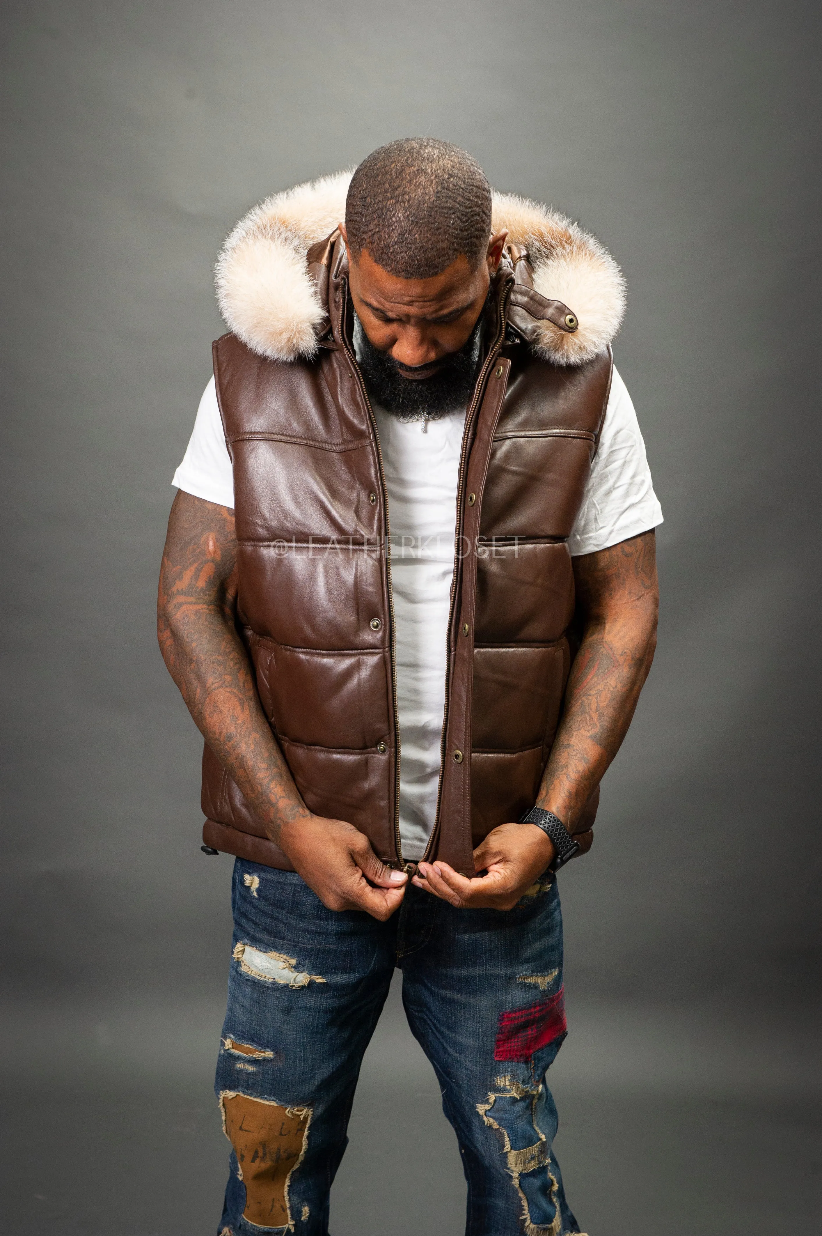 Men's Leather Bubble Vest With Fox Fur Hood [Chocolate]