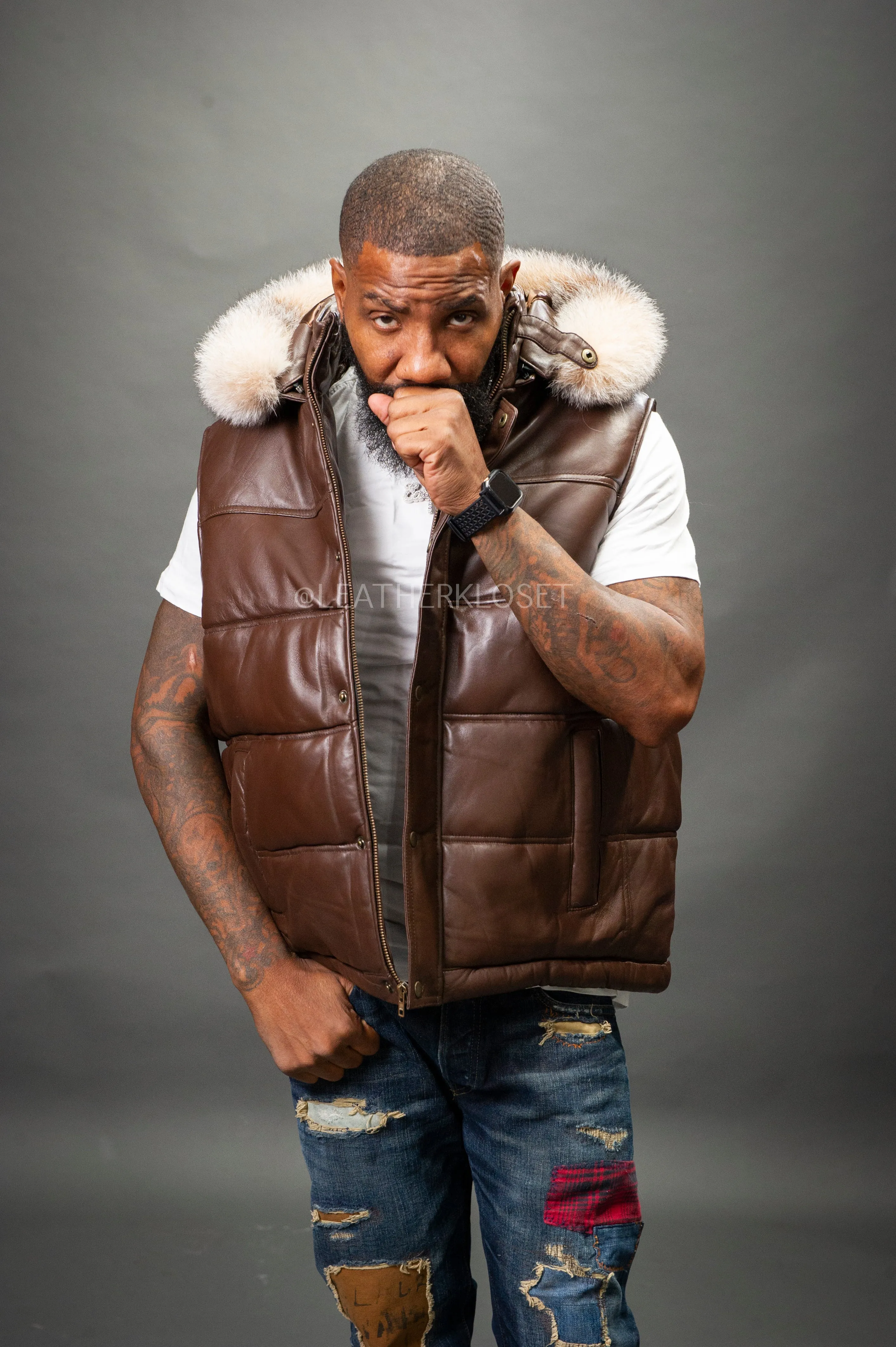 Men's Leather Bubble Vest With Fox Fur Hood [Chocolate]