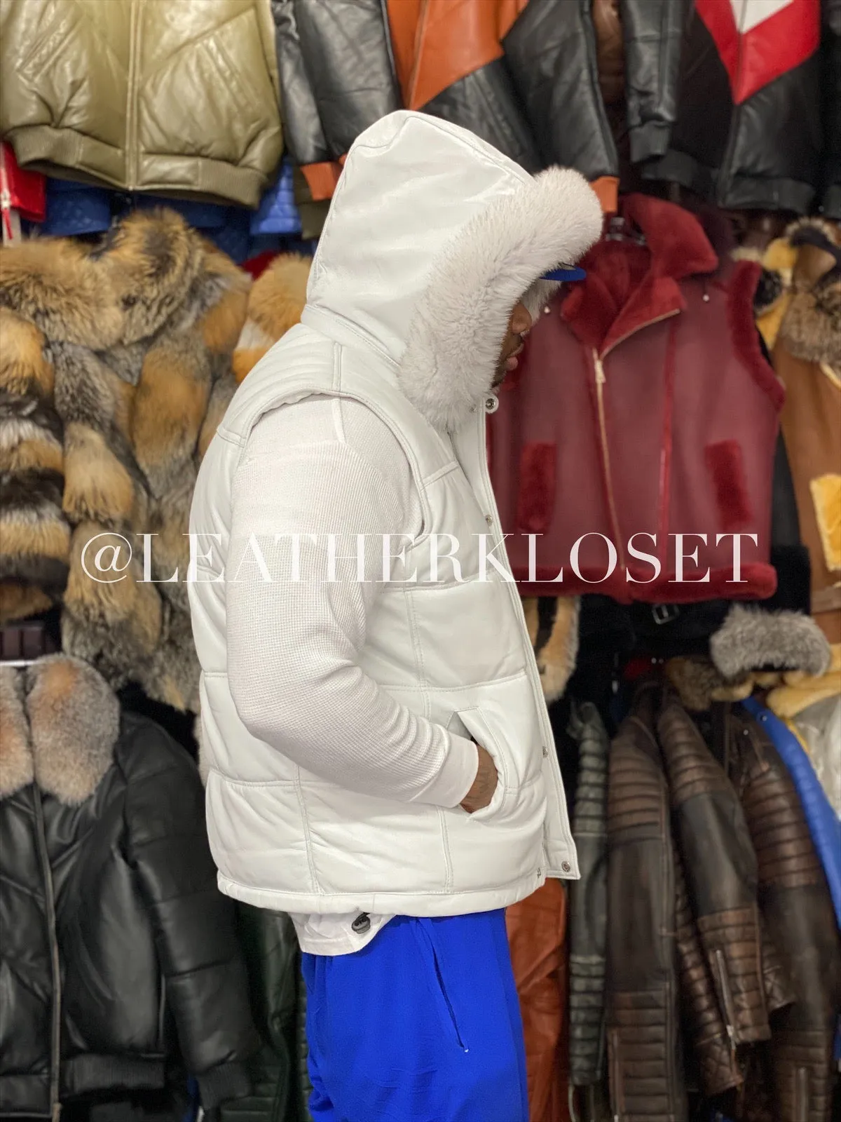 Men's Leather Bubble Vest With Fox Fur Hood