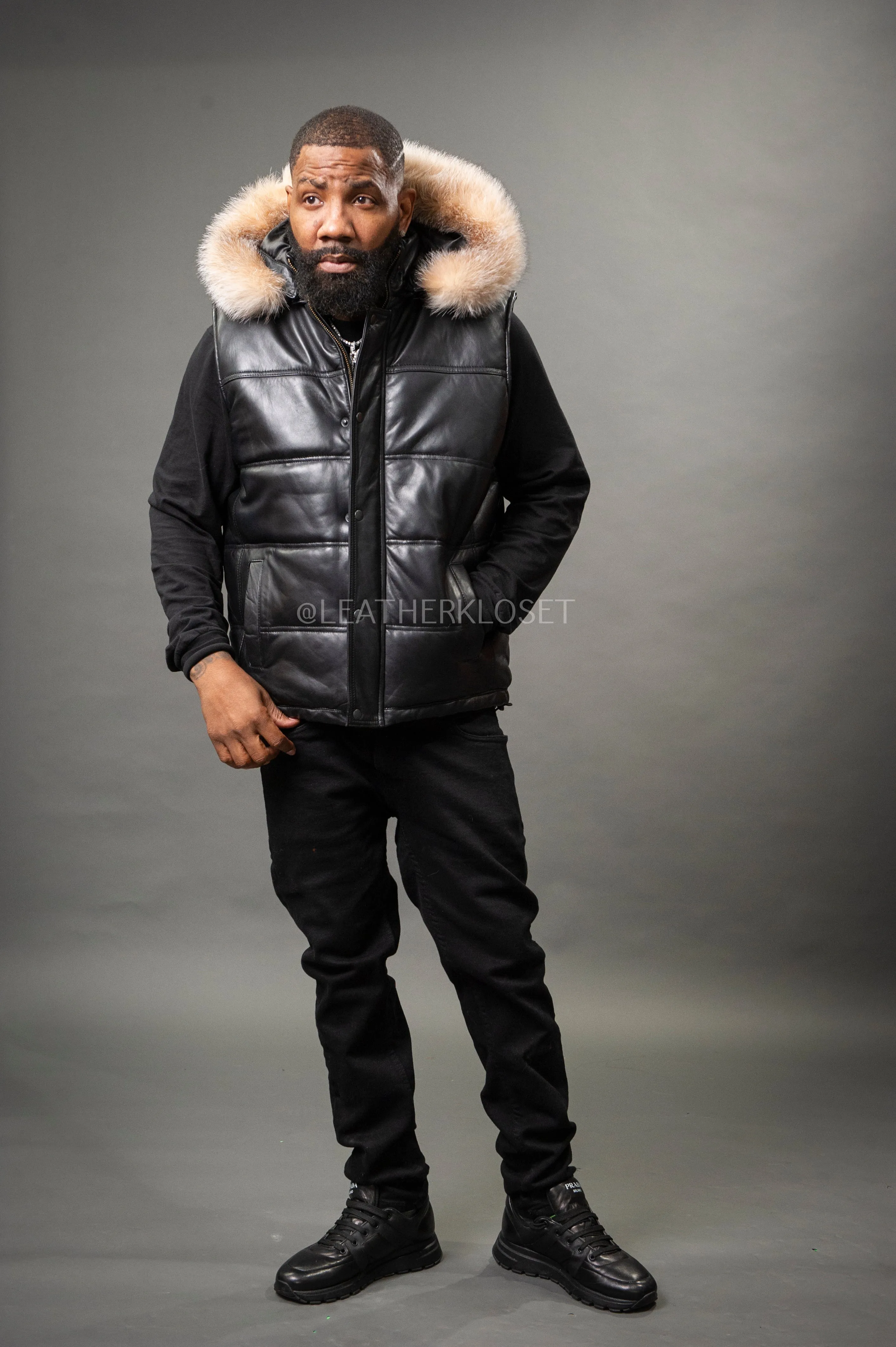 Men's Leather Bubble Vest With Premium Fox Fur Hood [Crystal Fox]