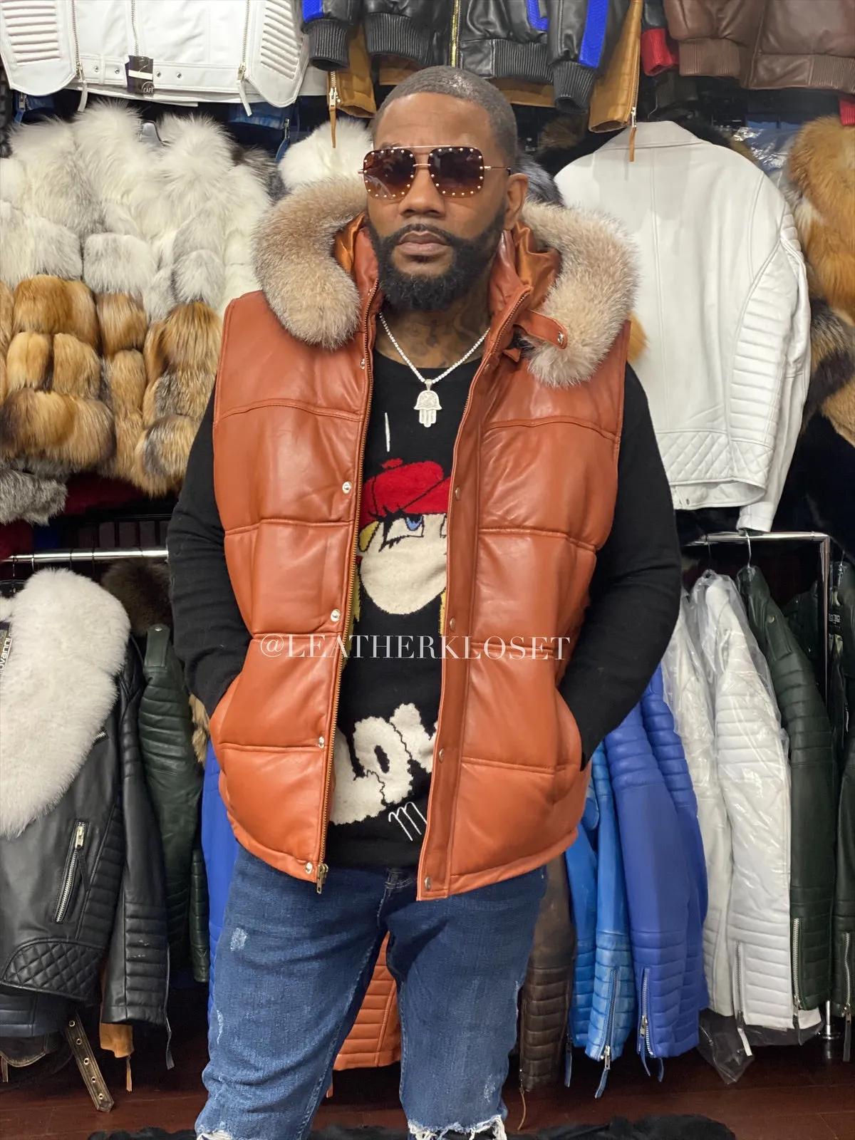 Men's Leather Bubble Vest With Premium Fox Fur Hood