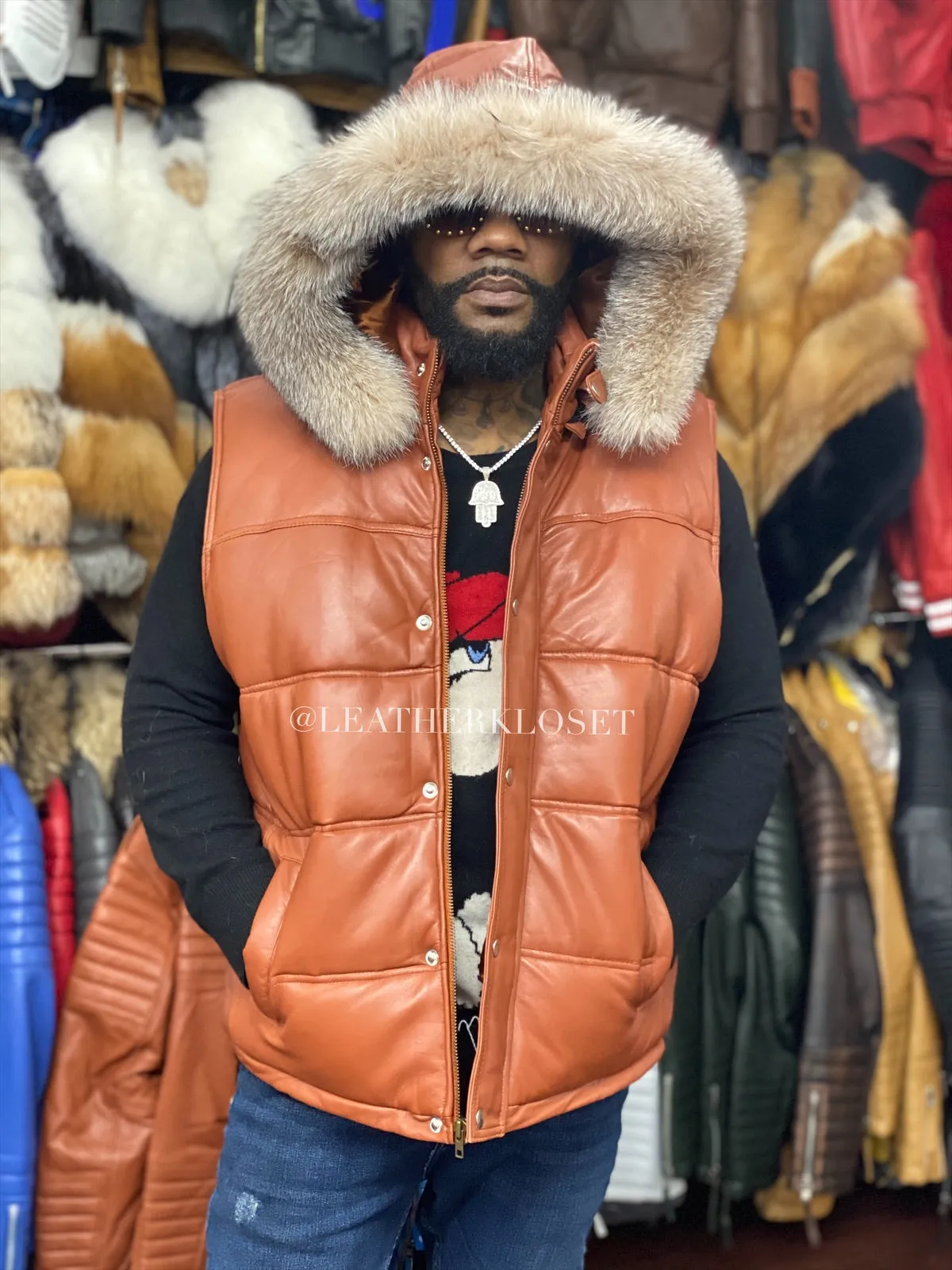 Men's Leather Bubble Vest With Premium Fox Fur Hood