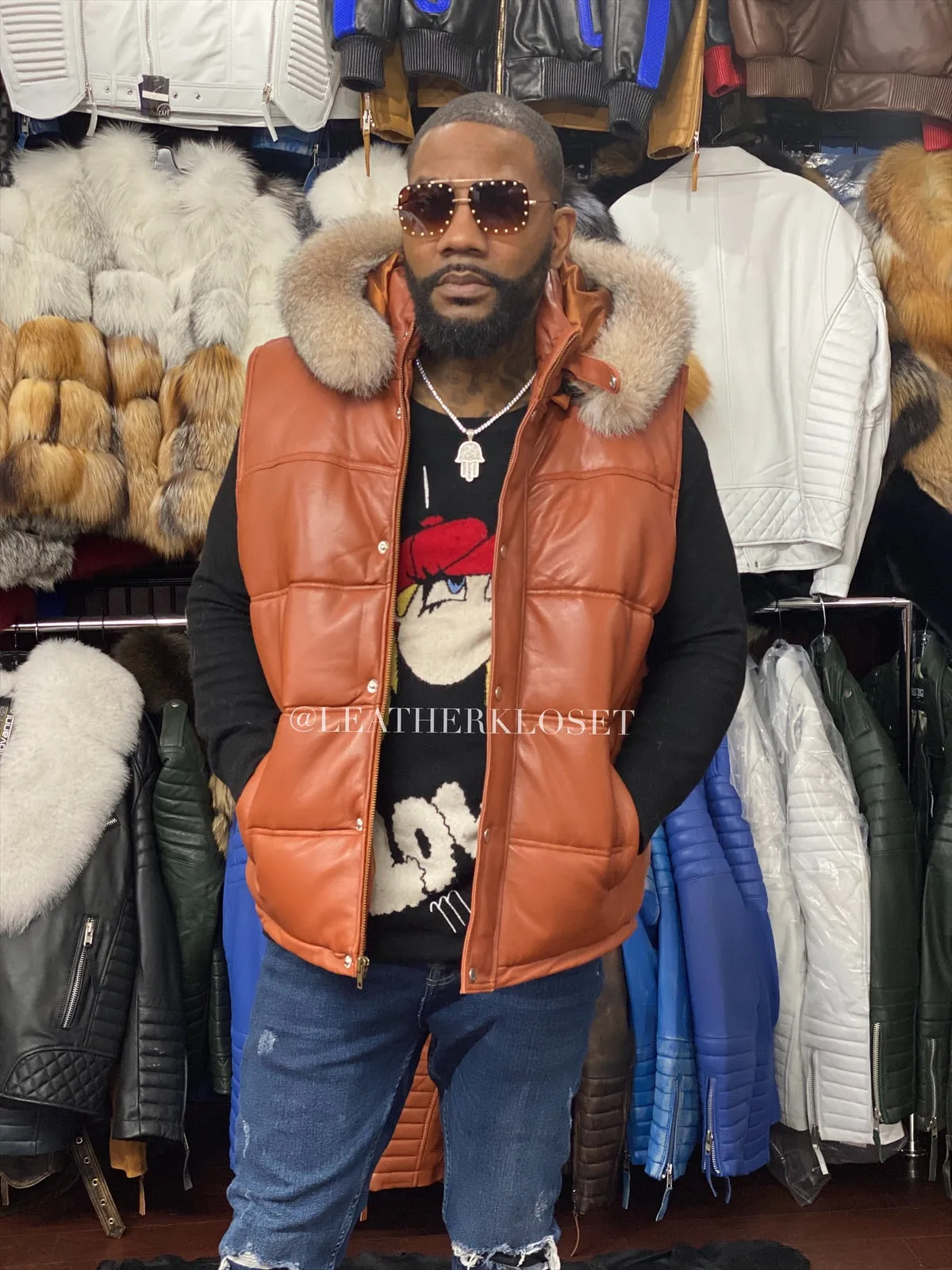 Men's Leather Bubble Vest With Premium Fox Fur Hood