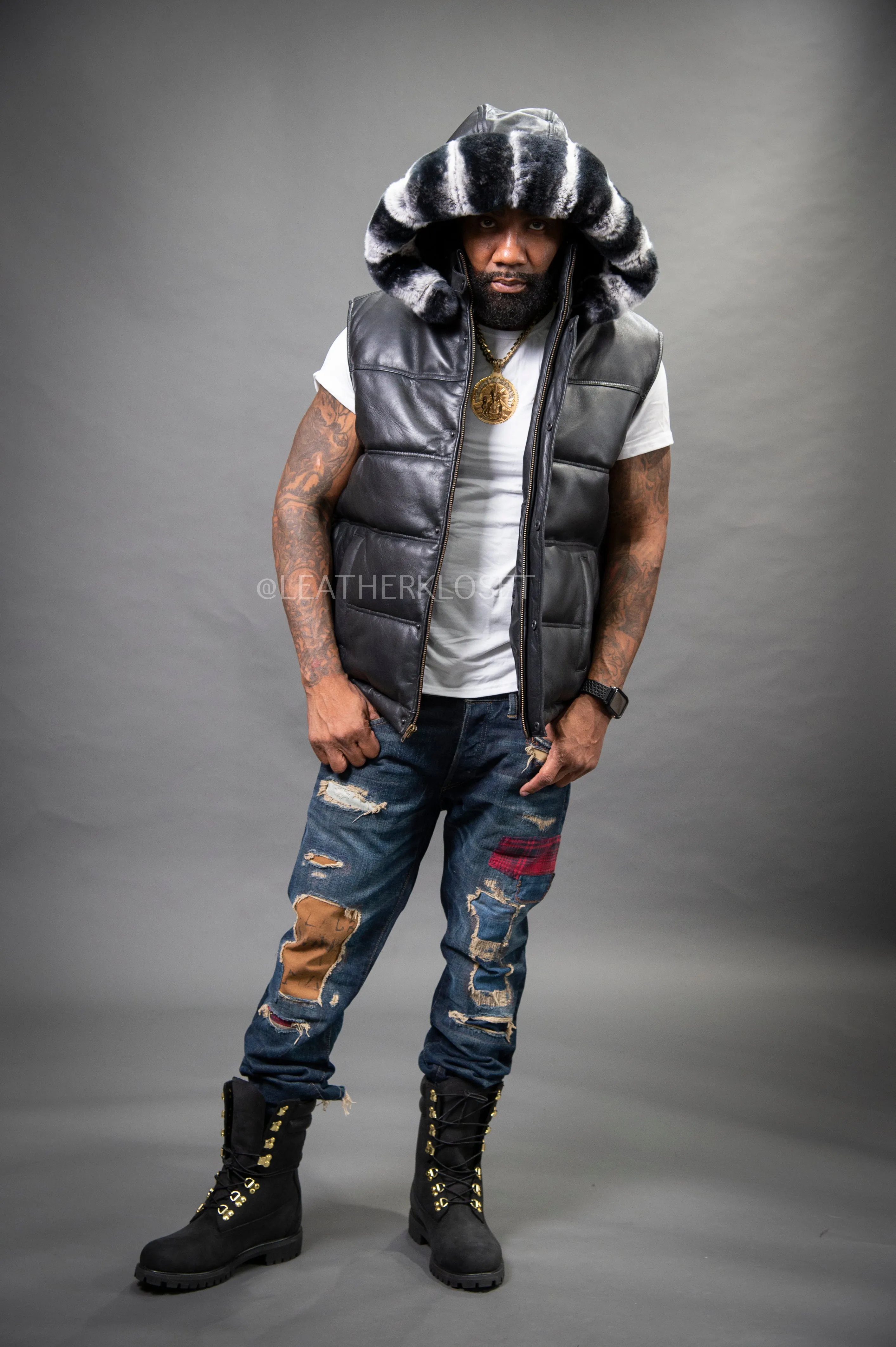 Men's Leather Bubble Vest With Premium Rex Fur Hood