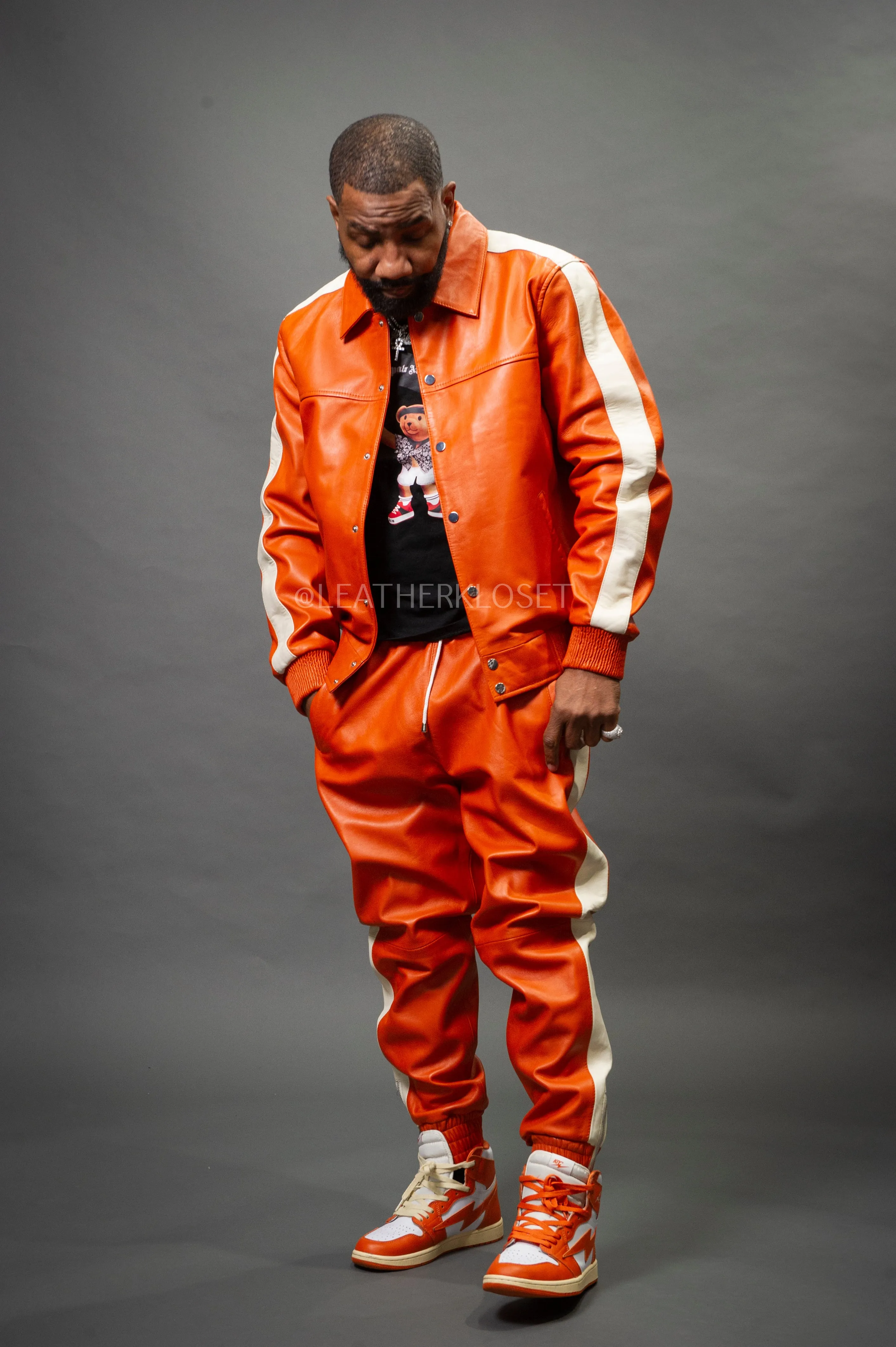 Men's Leather Track Suit Sweatsuit [Orange/Beige]