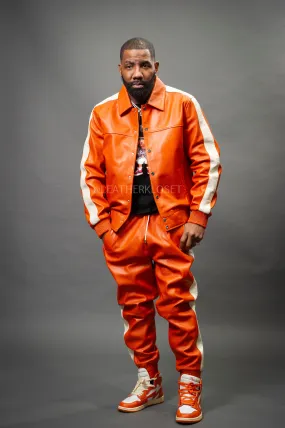 Men's Leather Track Suit Sweatsuit [Orange/Beige]