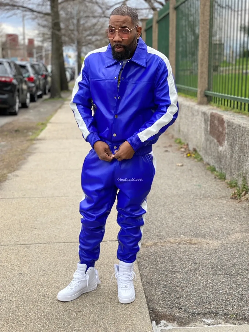 Men's Leather Track Suit Sweatsuit [Royal/White]