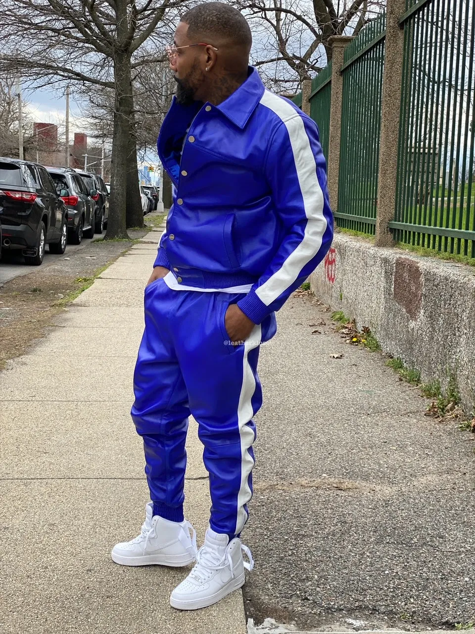 Men's Leather Track Suit Sweatsuit [Royal/White]