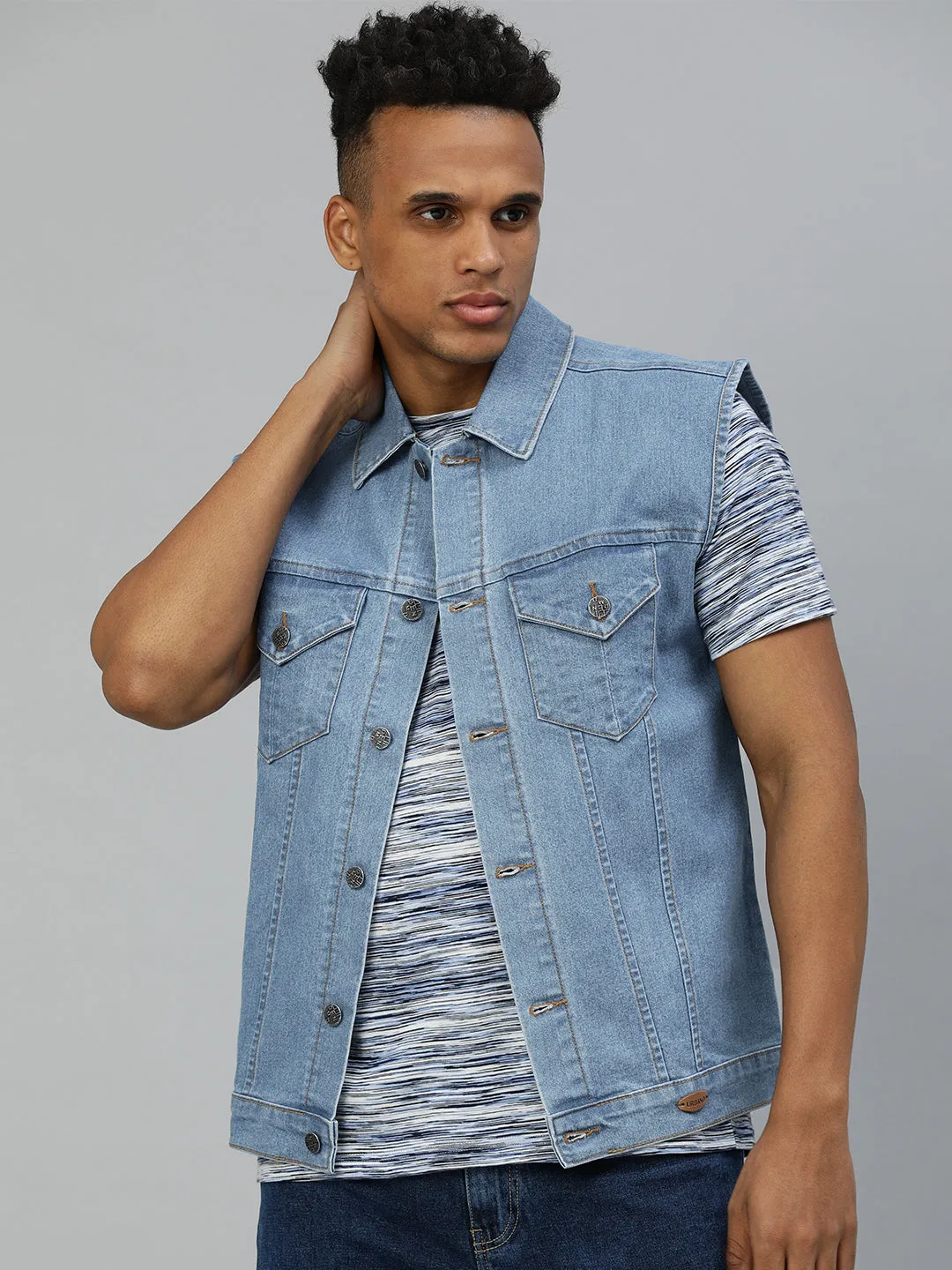 Men's Light Blue Slim Fit Washed Sleeveless Denim Jacket