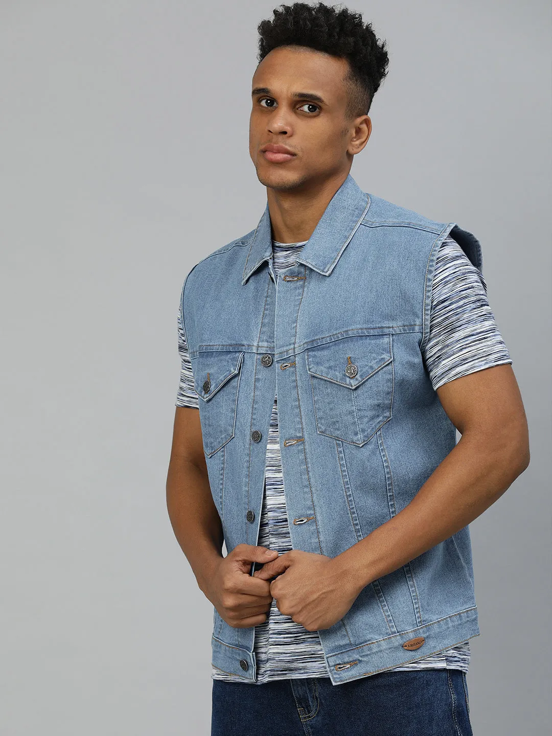 Men's Light Blue Slim Fit Washed Sleeveless Denim Jacket