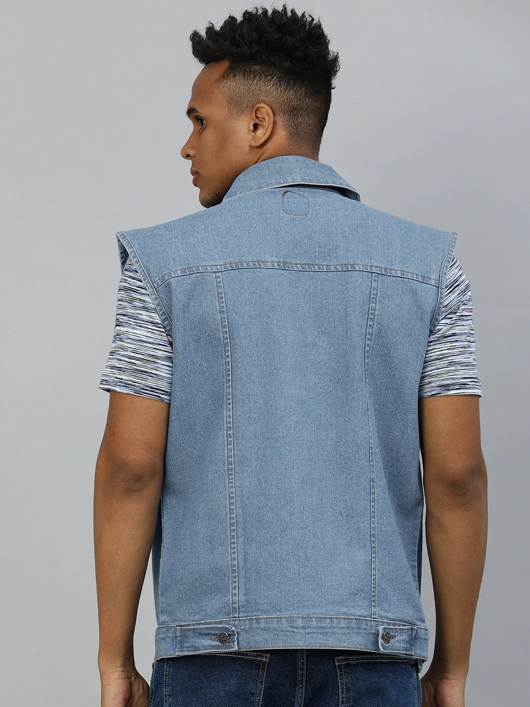 Men's Light Blue Slim Fit Washed Sleeveless Denim Jacket