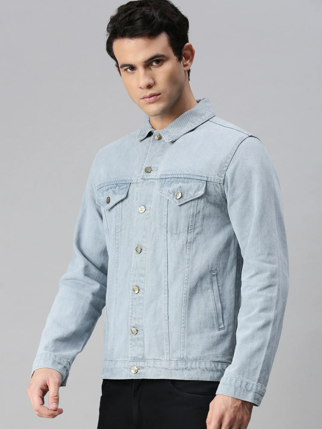 Men's Light Grey Solid Regular Fit Washed Full Sleeve Denim Jacket