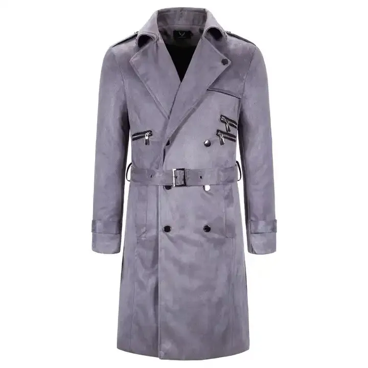 Men's Long Faux Suede Trench Coats Belted Lapel Jacket Work Double-Breasted Overcoats | 1115