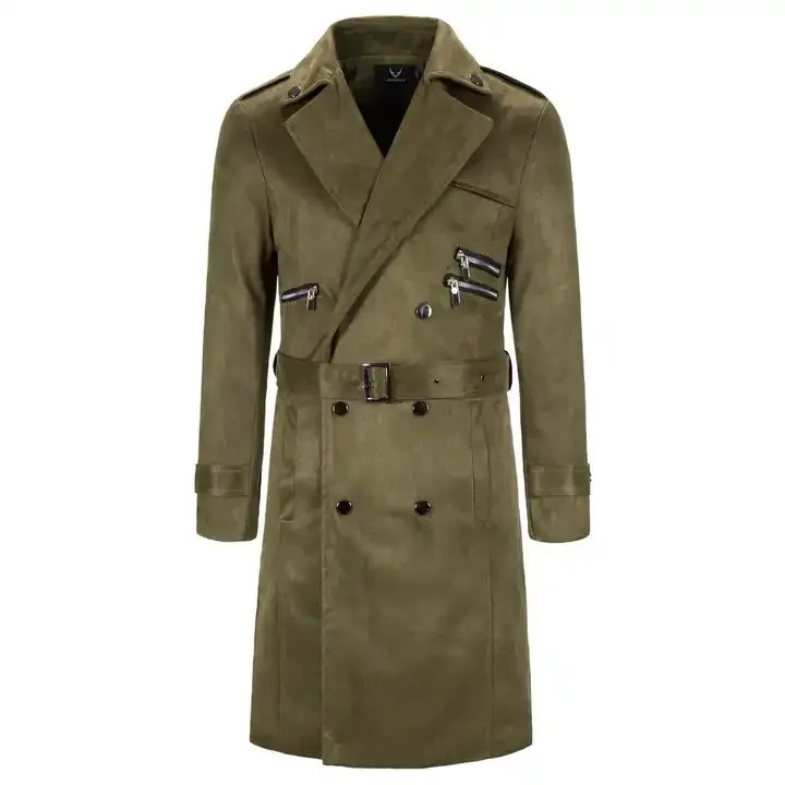 Men's Long Faux Suede Trench Coats Belted Lapel Jacket Work Double-Breasted Overcoats | 1115