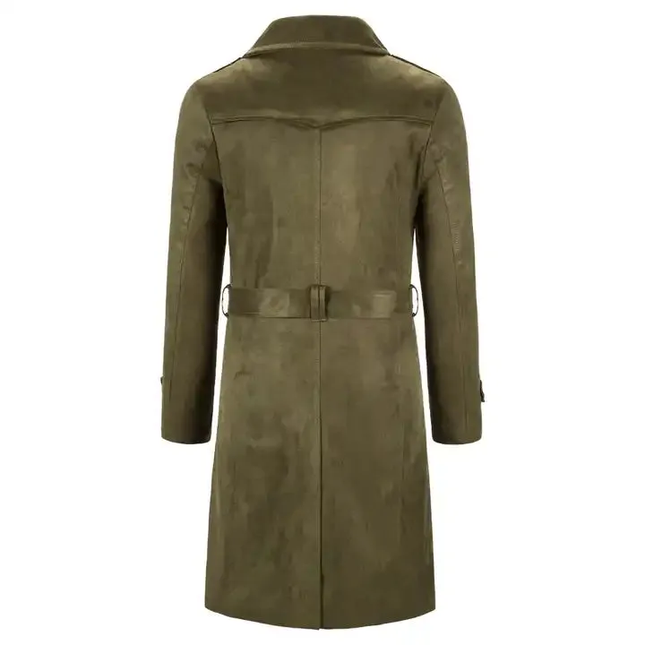 Men's Long Faux Suede Trench Coats Belted Lapel Jacket Work Double-Breasted Overcoats | 1115