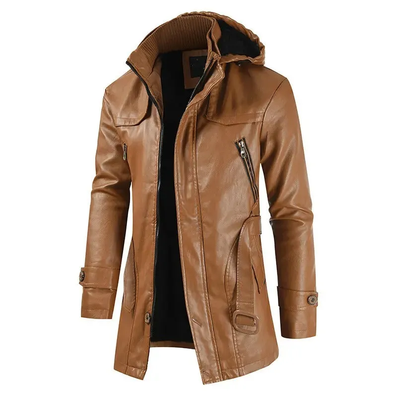 Men's Mid-Length Leather Jacket Youth PU Leather Windbreaker Jacket | XT1045