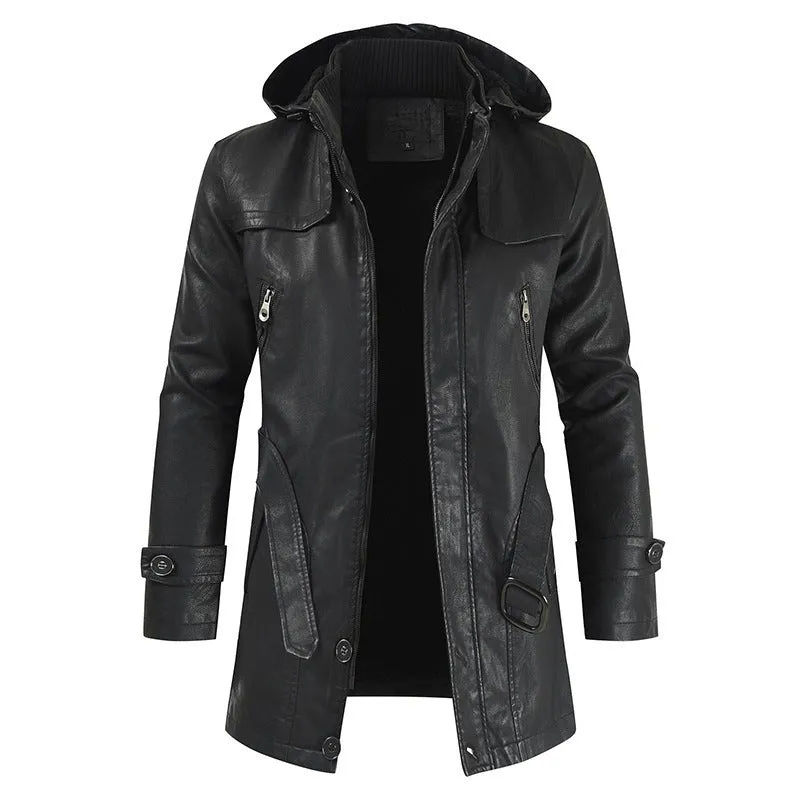 Men's Mid-Length Leather Jacket Youth PU Leather Windbreaker Jacket | XT1045