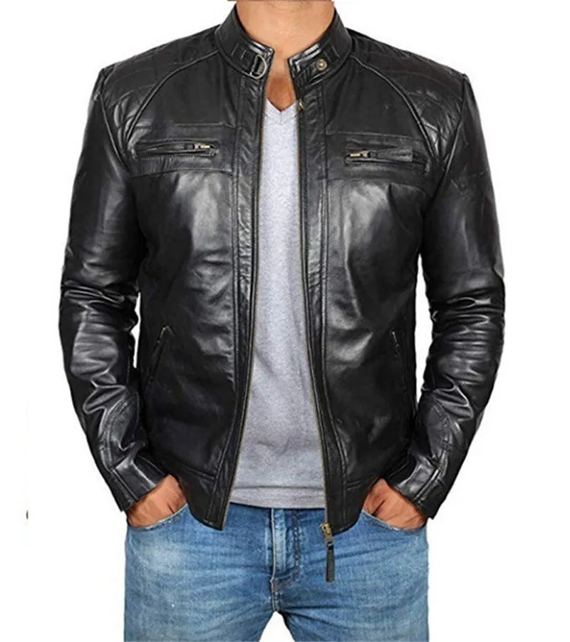 Men's Stand Collar Distressed Genuine Lambskin Leather Jacket | PY51