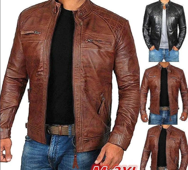 Men's Stand Collar Distressed Genuine Lambskin Leather Jacket | PY51