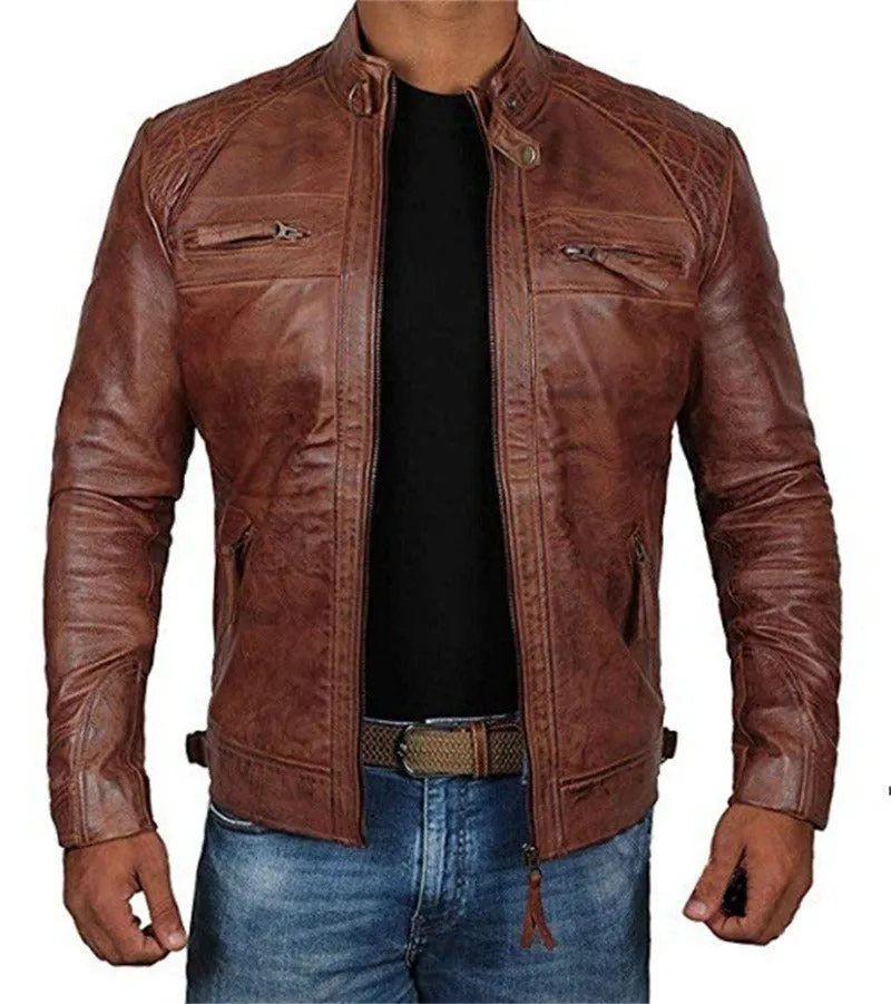 Men's Stand Collar Distressed Genuine Lambskin Leather Jacket | PY51