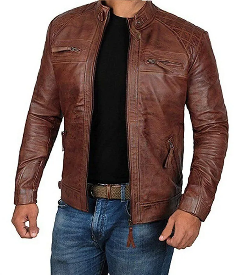 Men's Stand Collar Distressed Genuine Lambskin Leather Jacket | PY51