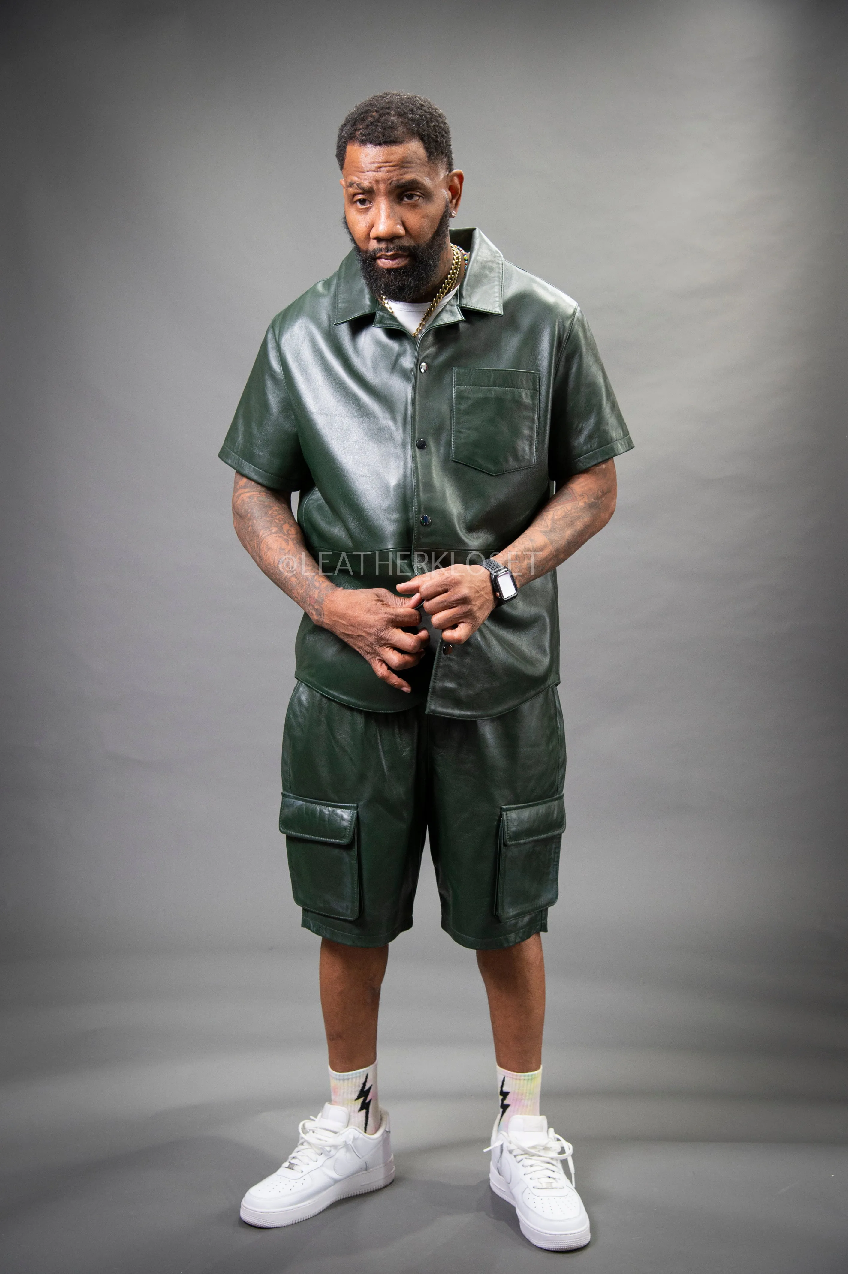 Men's Summer In Miami Leather Shirt And Cargo Shorts Set [Forest Green]