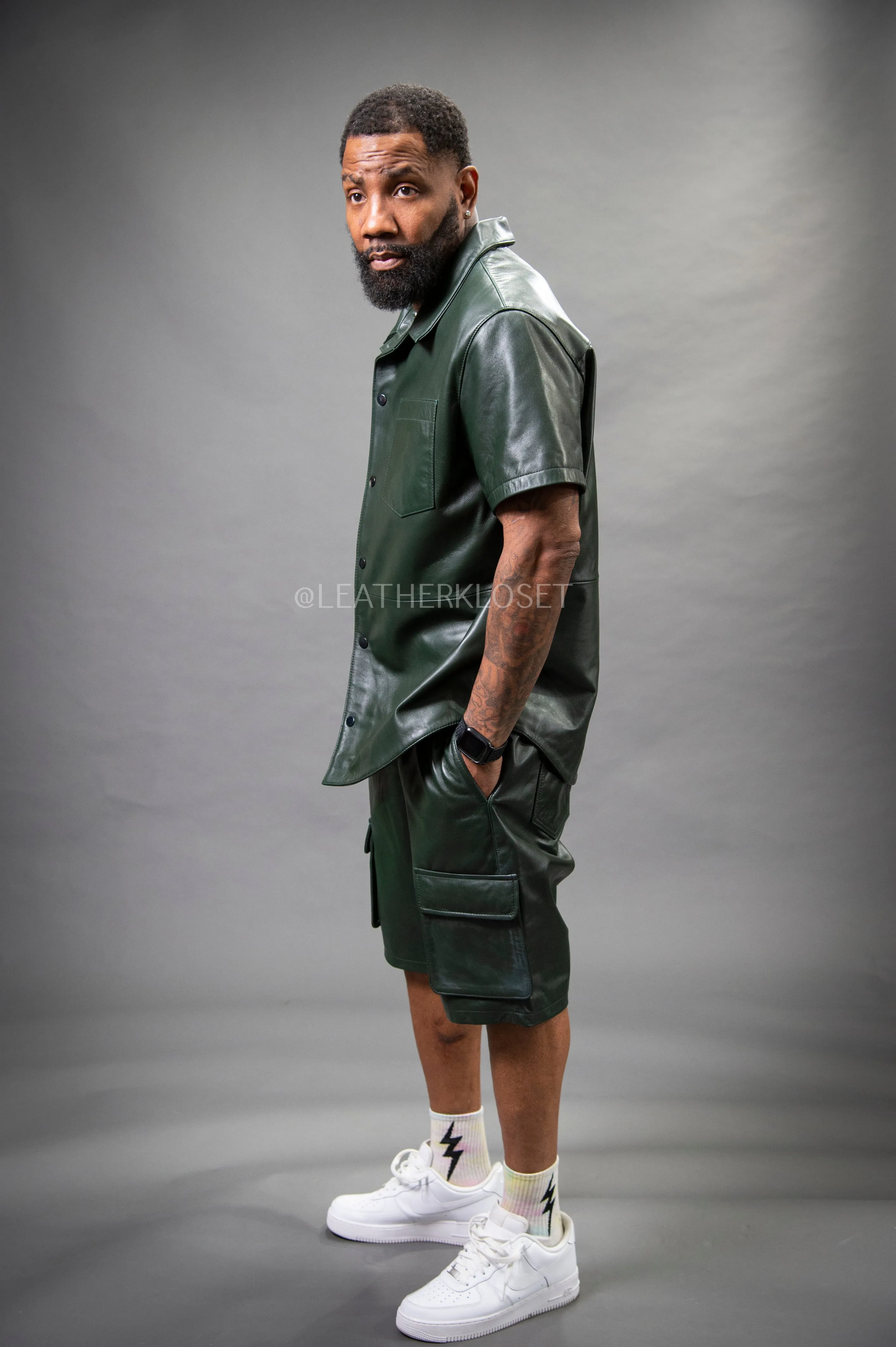 Men's Summer In Miami Leather Shirt And Cargo Shorts Set [Forest Green]