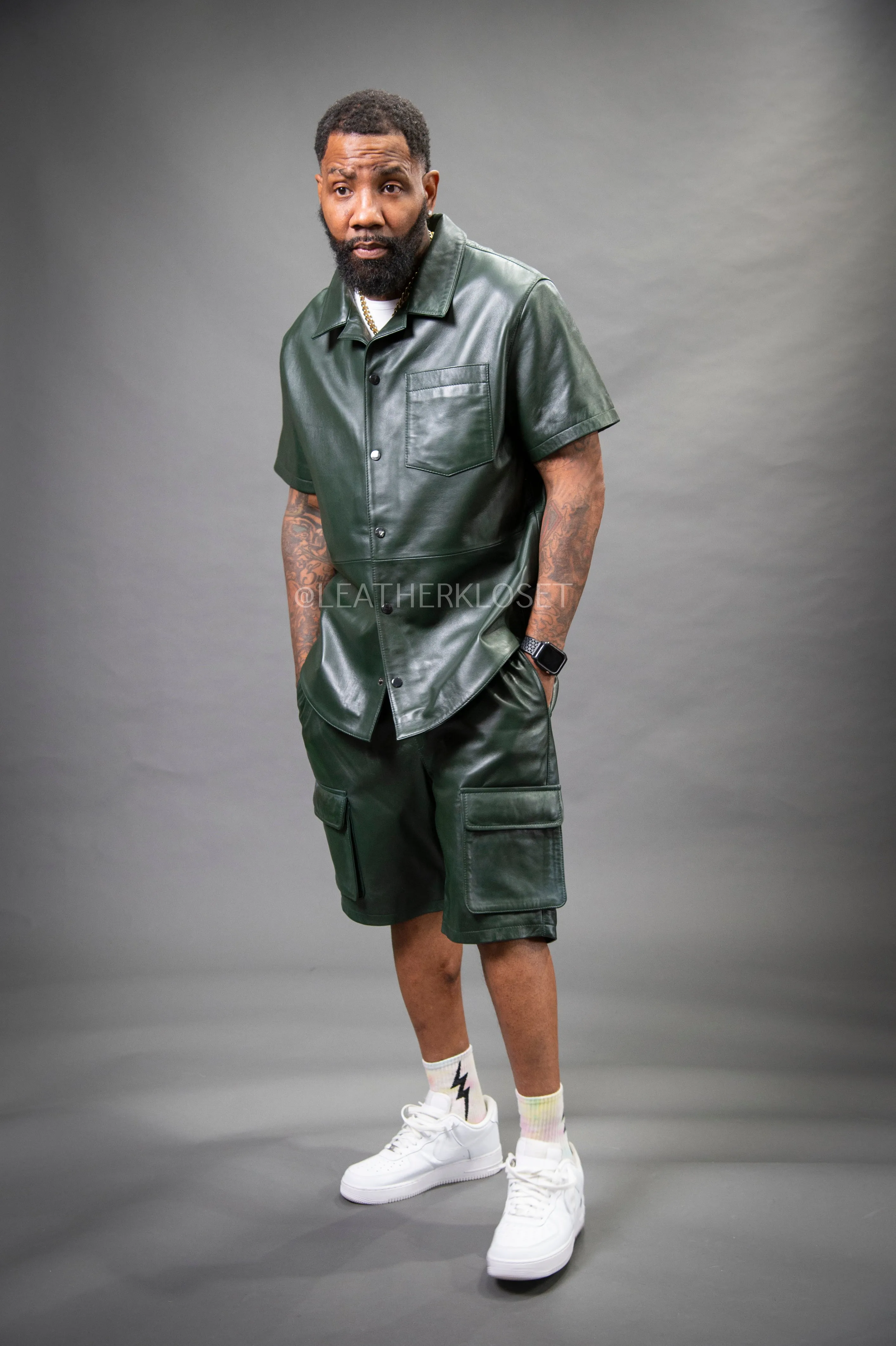 Men's Summer In Miami Leather Shirt And Cargo Shorts Set [Forest Green]