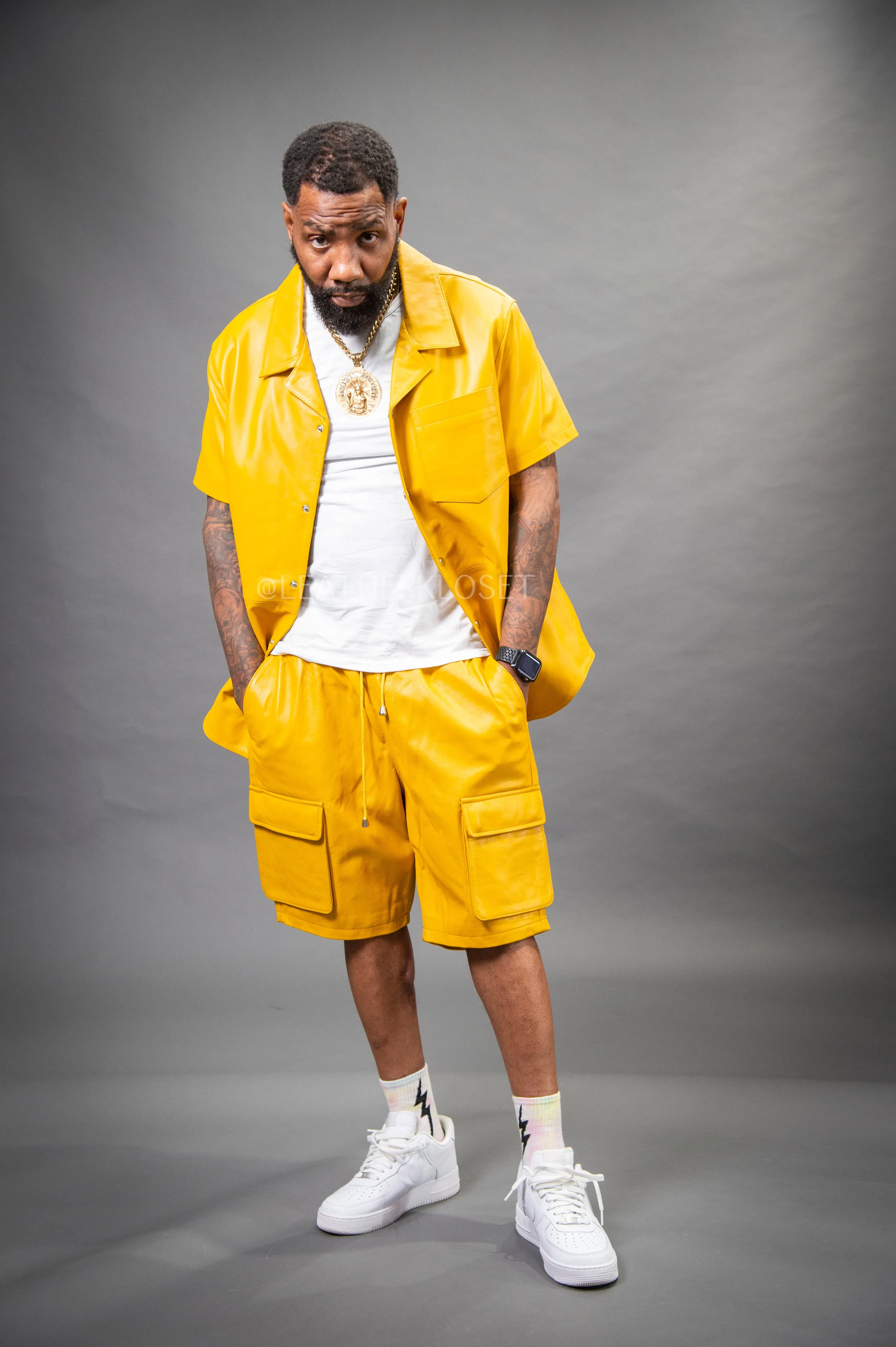 Men's Summer In Miami Leather Shirt And Cargo Shorts Set [Yellow]