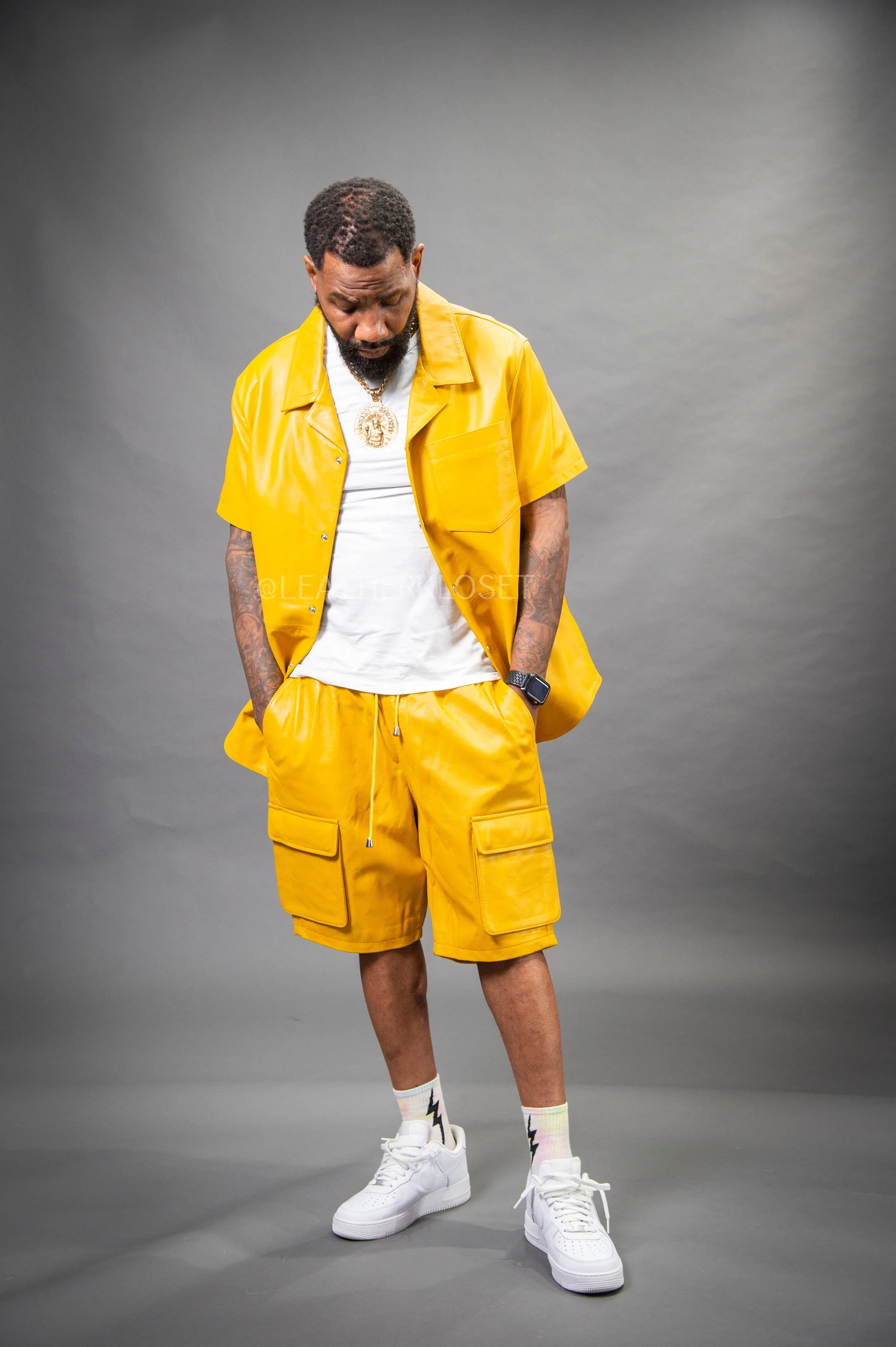 Men's Summer In Miami Leather Shirt And Cargo Shorts Set [Yellow]