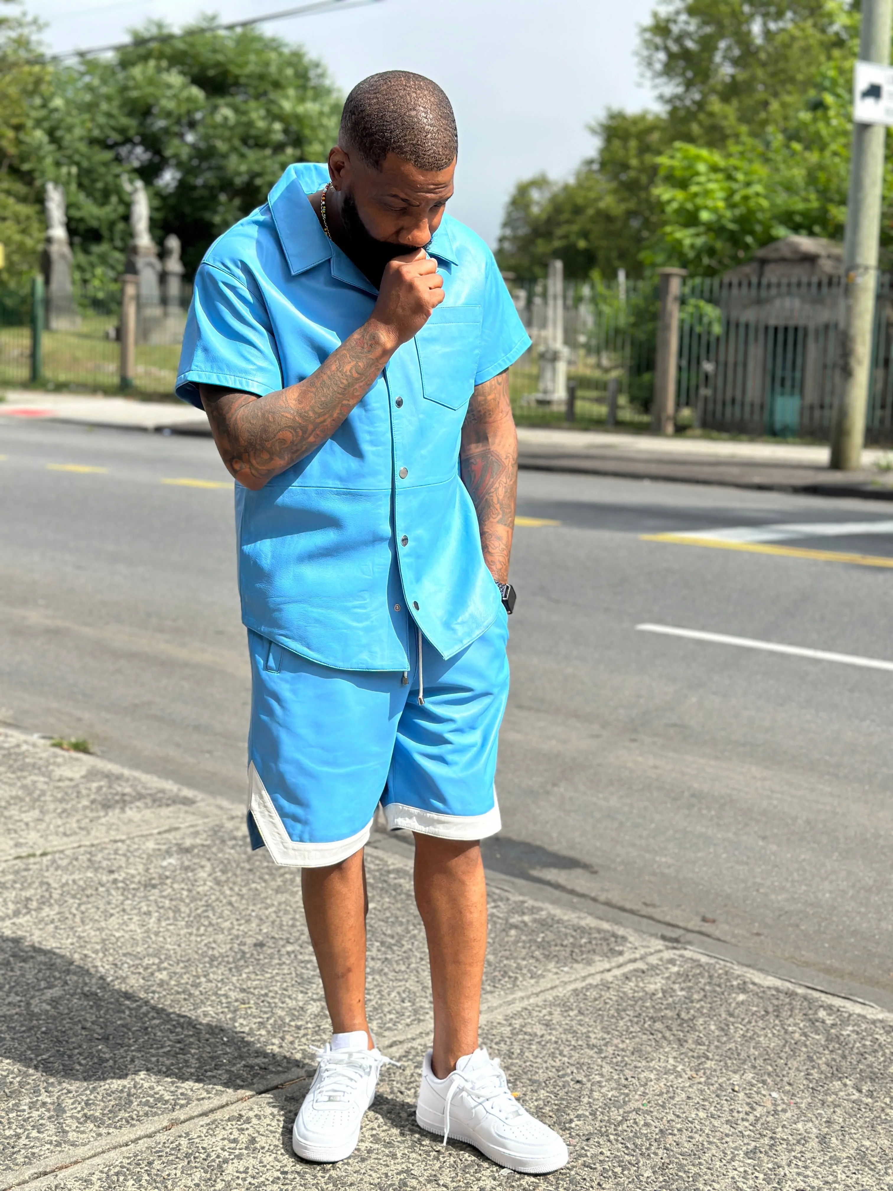 Men's Summer In Miami Leather Shirt And Shorts Set [Baby Blue]