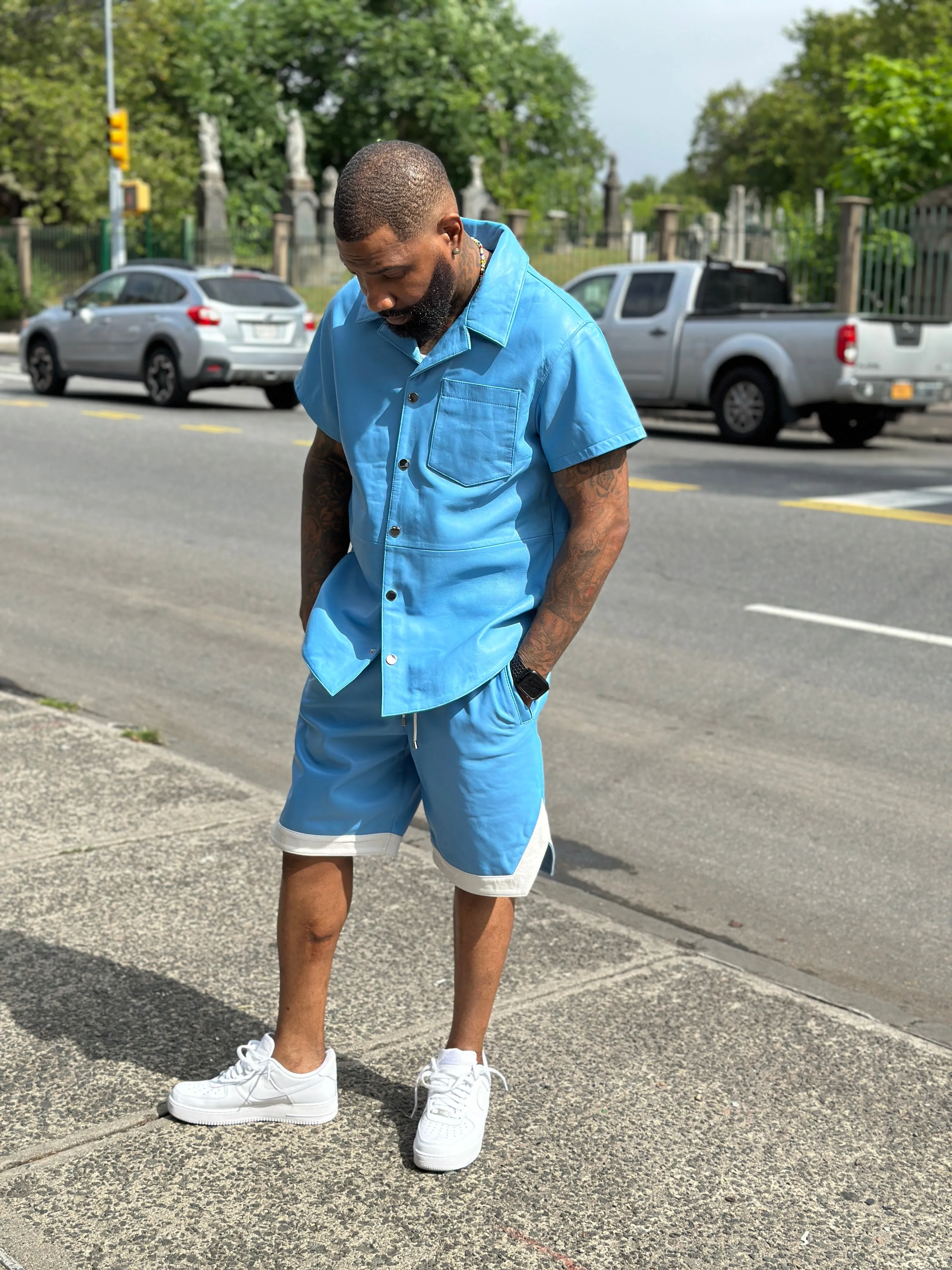 Men's Summer In Miami Leather Shirt And Shorts Set [Baby Blue]