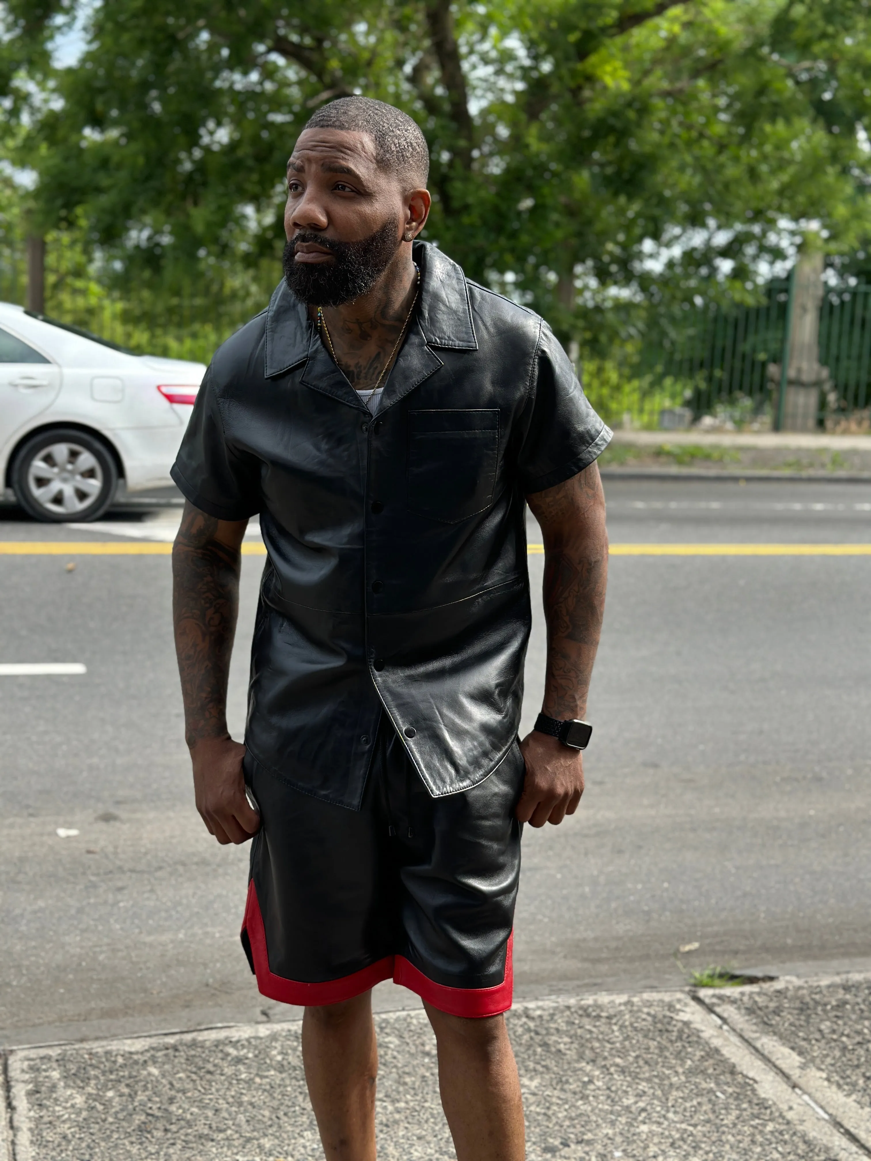 Men's Summer In Miami Leather Shirt And Shorts Set [Black/Red Stripe]